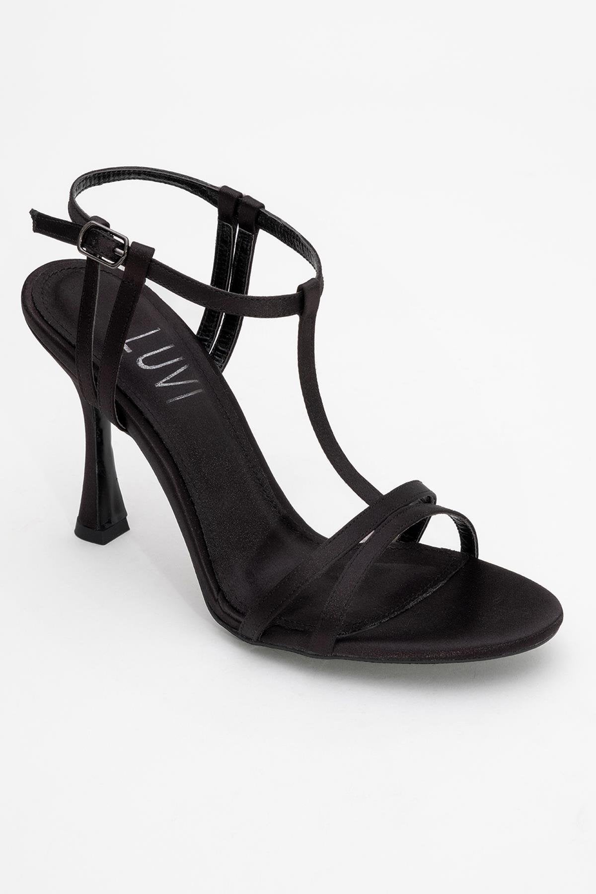 Credo - Black Satin High Heel Shoe – detail view showing satin, leather, black, Vowalisse