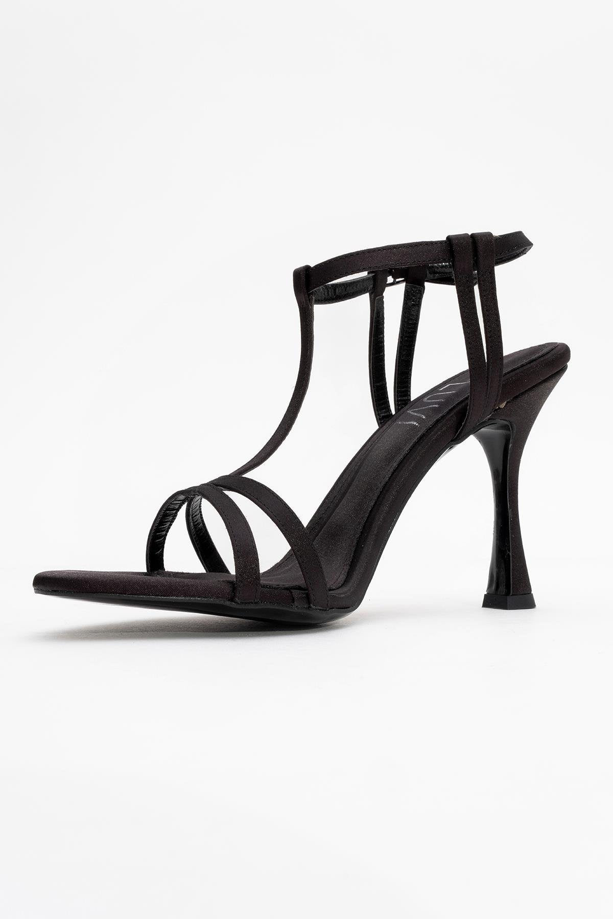 Credo - Black Satin High Heel Shoe – heel view showing satin, leather, black, Vowalisse