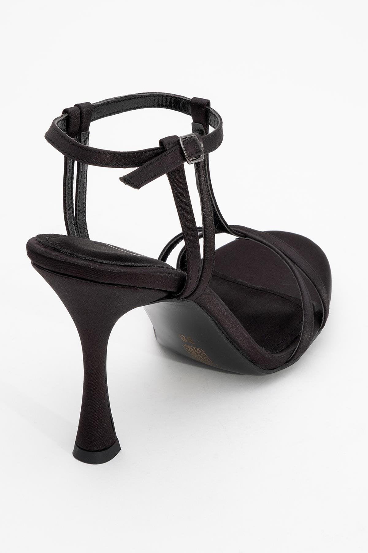 Credo - Black Satin High Heel Shoe – back view showing satin, leather, black, Vowalisse