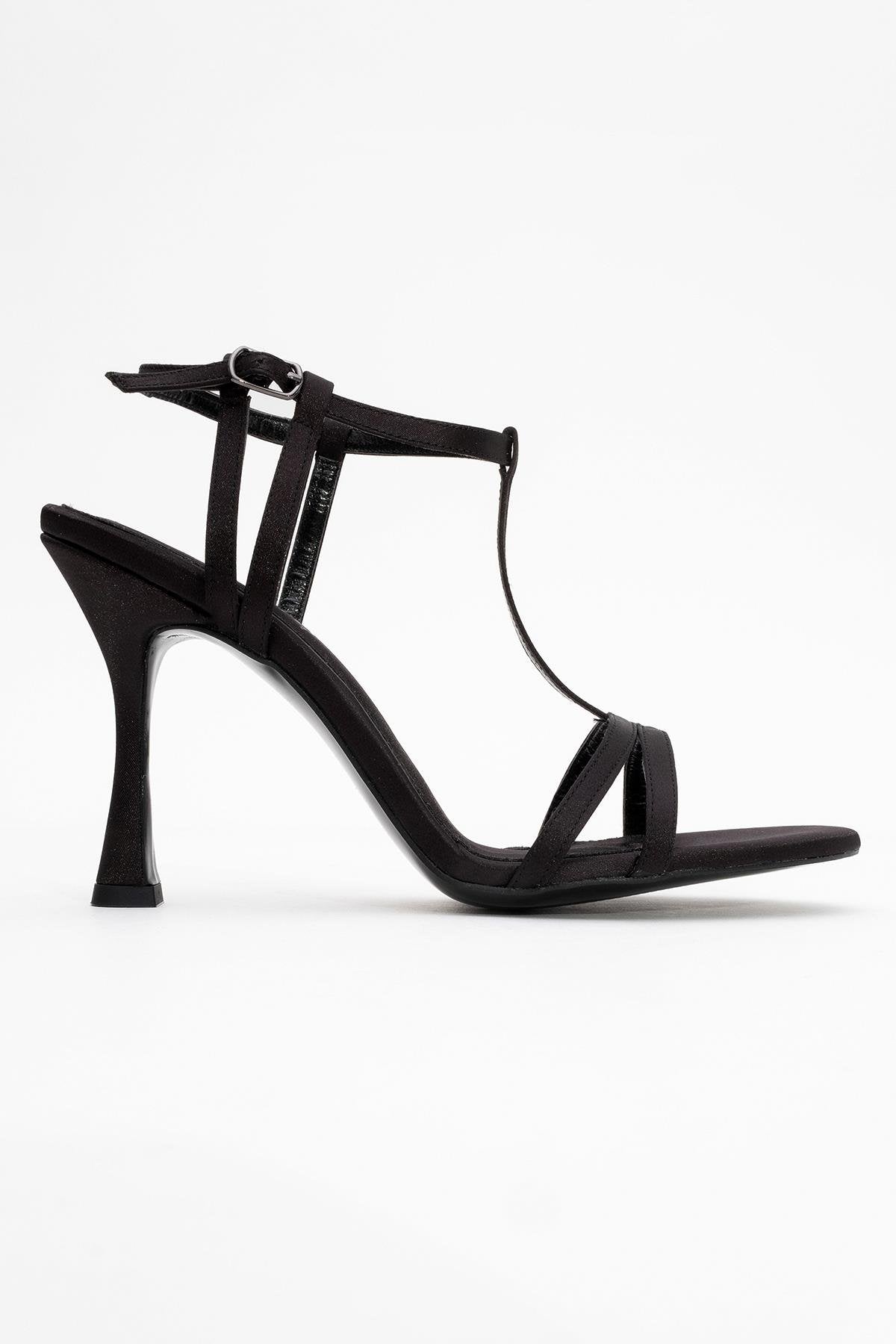 Credo - Black Satin High Heel Shoe – top view showing satin, leather, black, Vowalisse