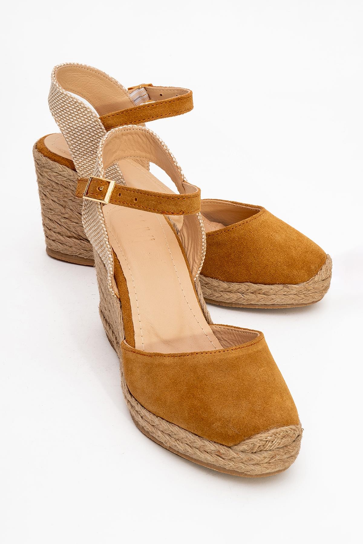 Sinta - Light Brown Suede Leather Platform Espadrille – front three-quarter view showing leather, suede, Vowalisse