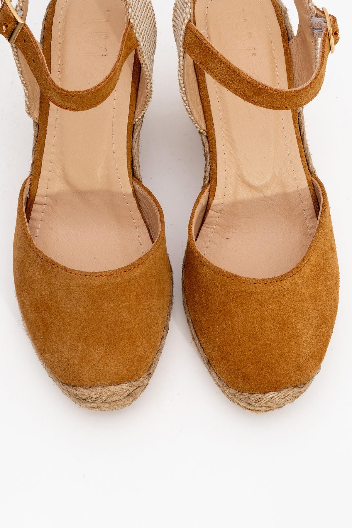 Sinta - Light Brown Suede Leather Platform Espadrille – side view showing leather, suede, Vowalisse