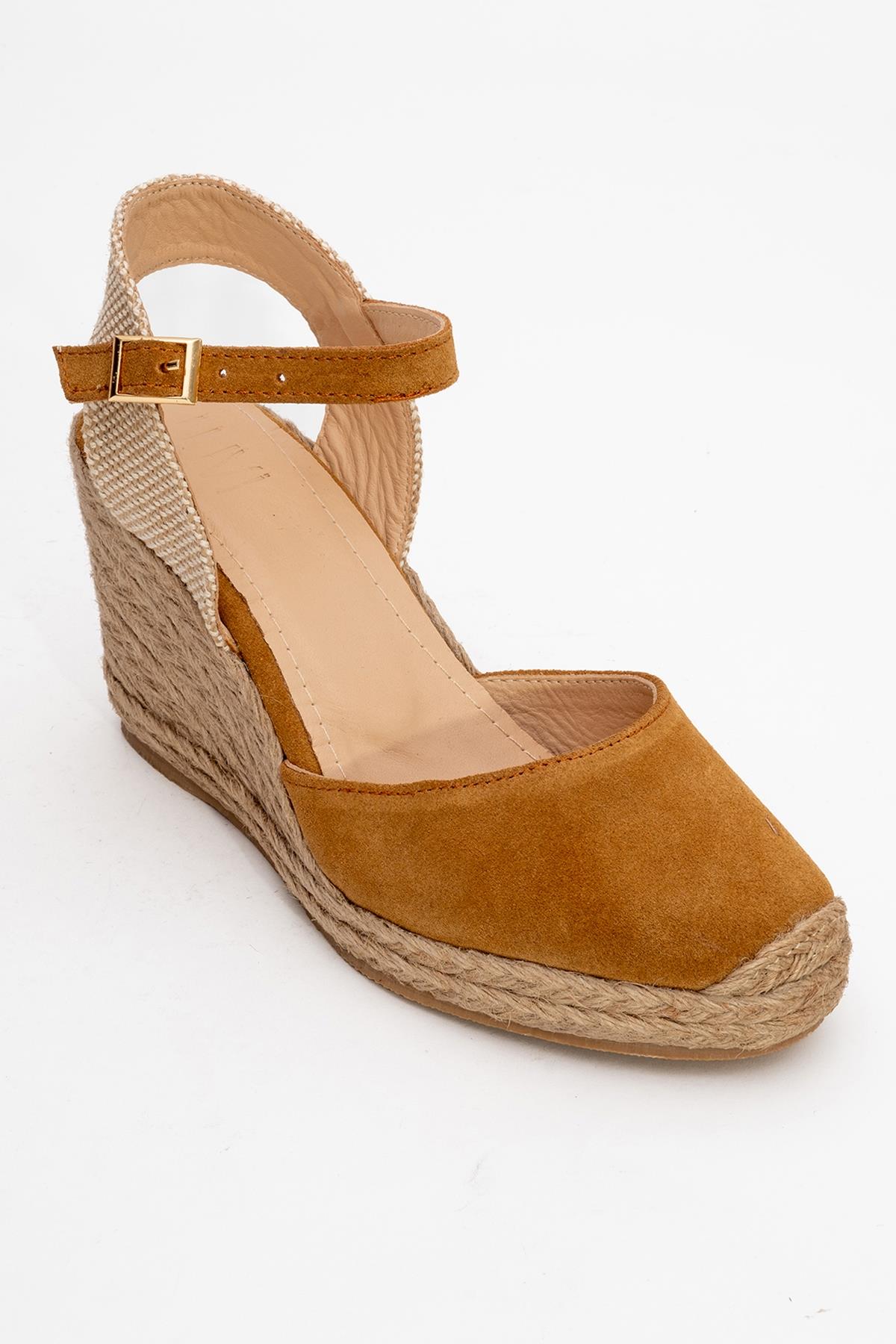 Sinta - Light Brown Suede Leather Platform Espadrille – detail view showing leather, suede, Vowalisse