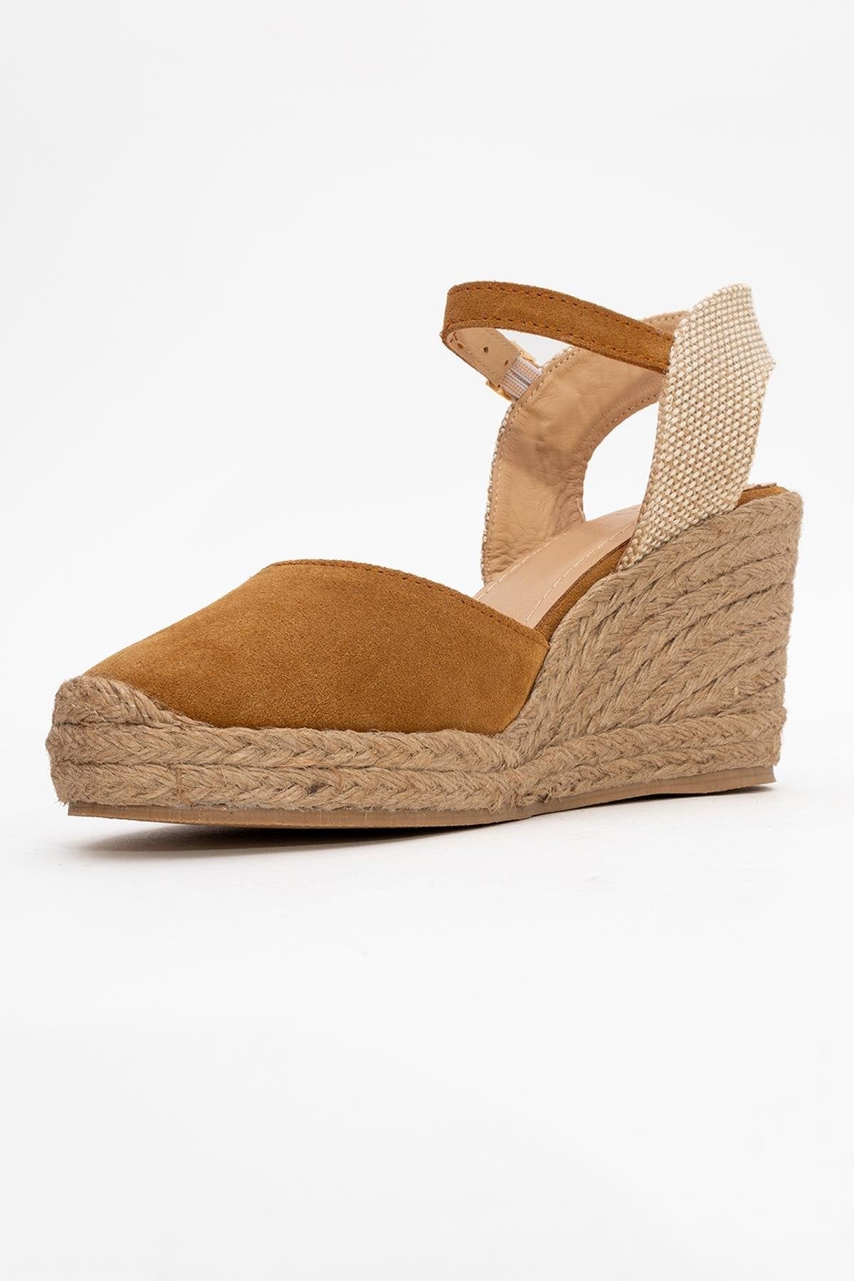 Sinta - Light Brown Suede Leather Platform Espadrille – heel view showing leather, suede, Vowalisse