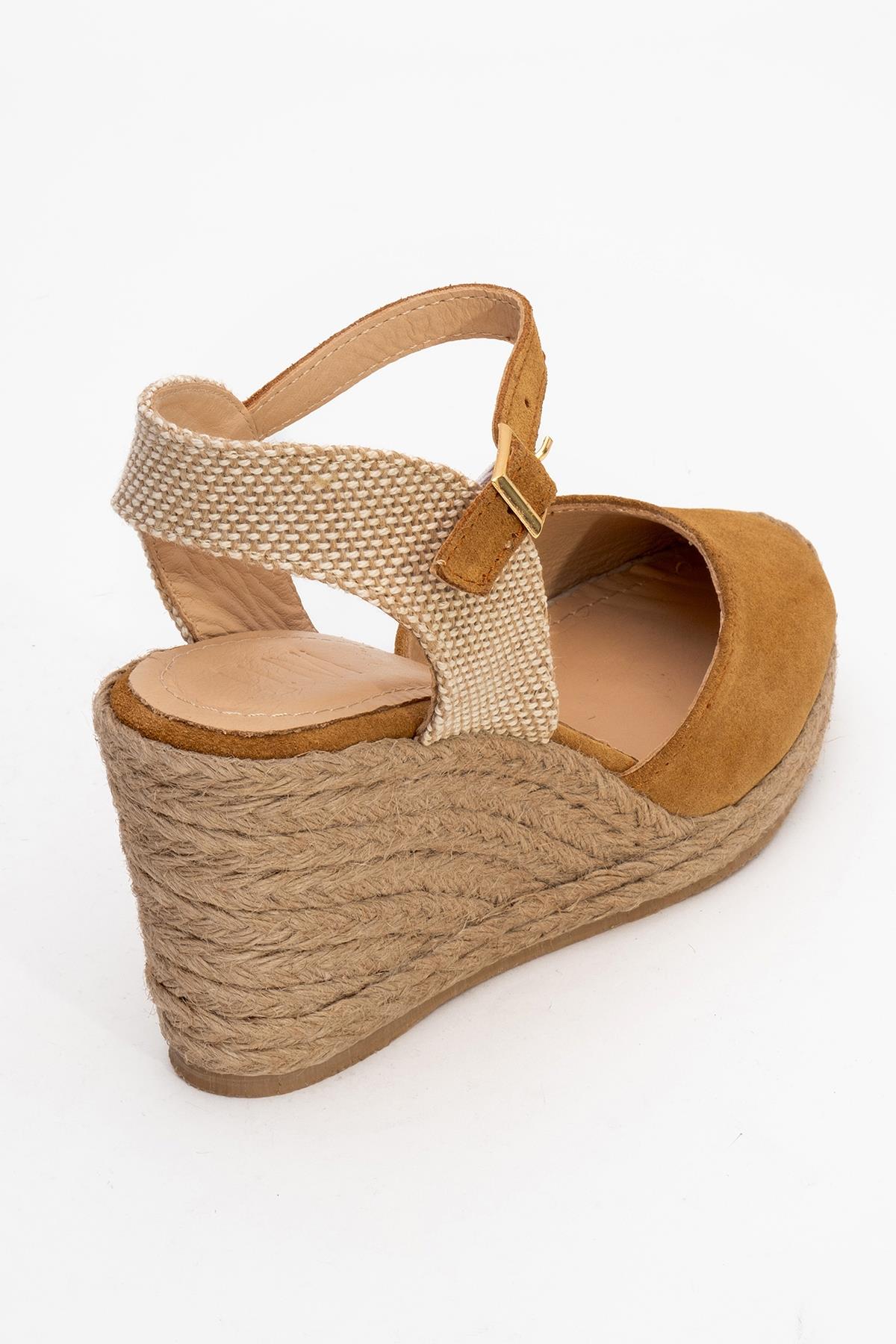 Sinta - Light Brown Suede Leather Platform Espadrille – back view showing leather, suede, Vowalisse