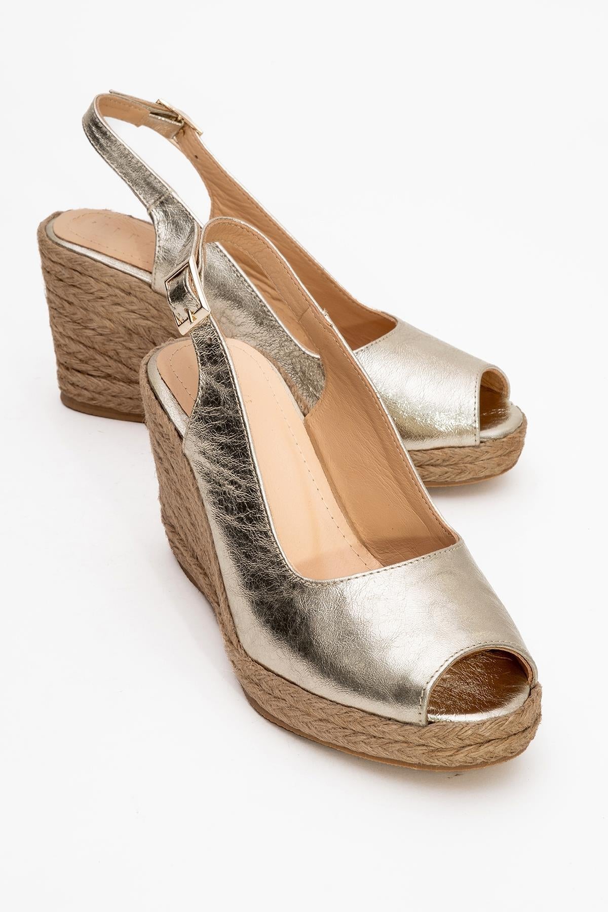 Ryan - Gold Leather Espadrilles – front three-quarter view showing leather, gold, Vowalisse