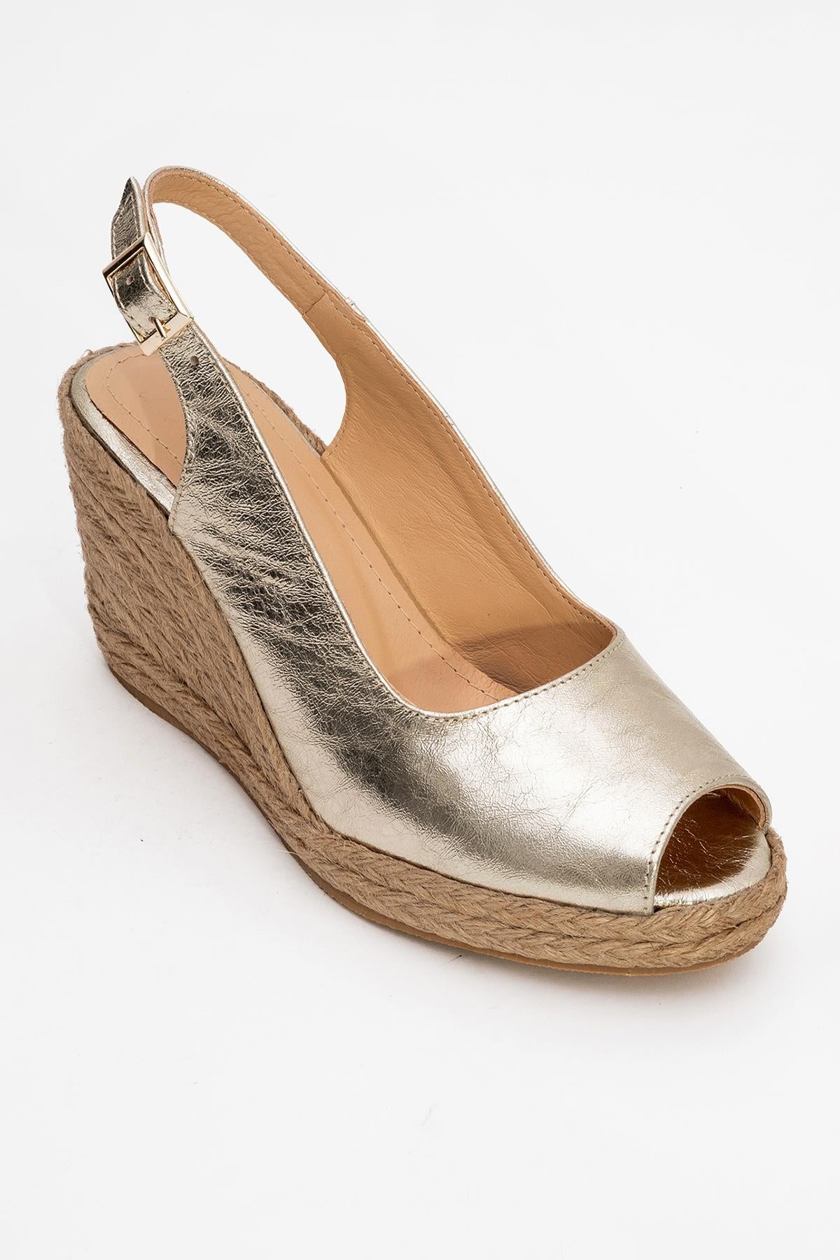 Ryan - Gold Leather Espadrilles – detail view showing leather, gold, Vowalisse