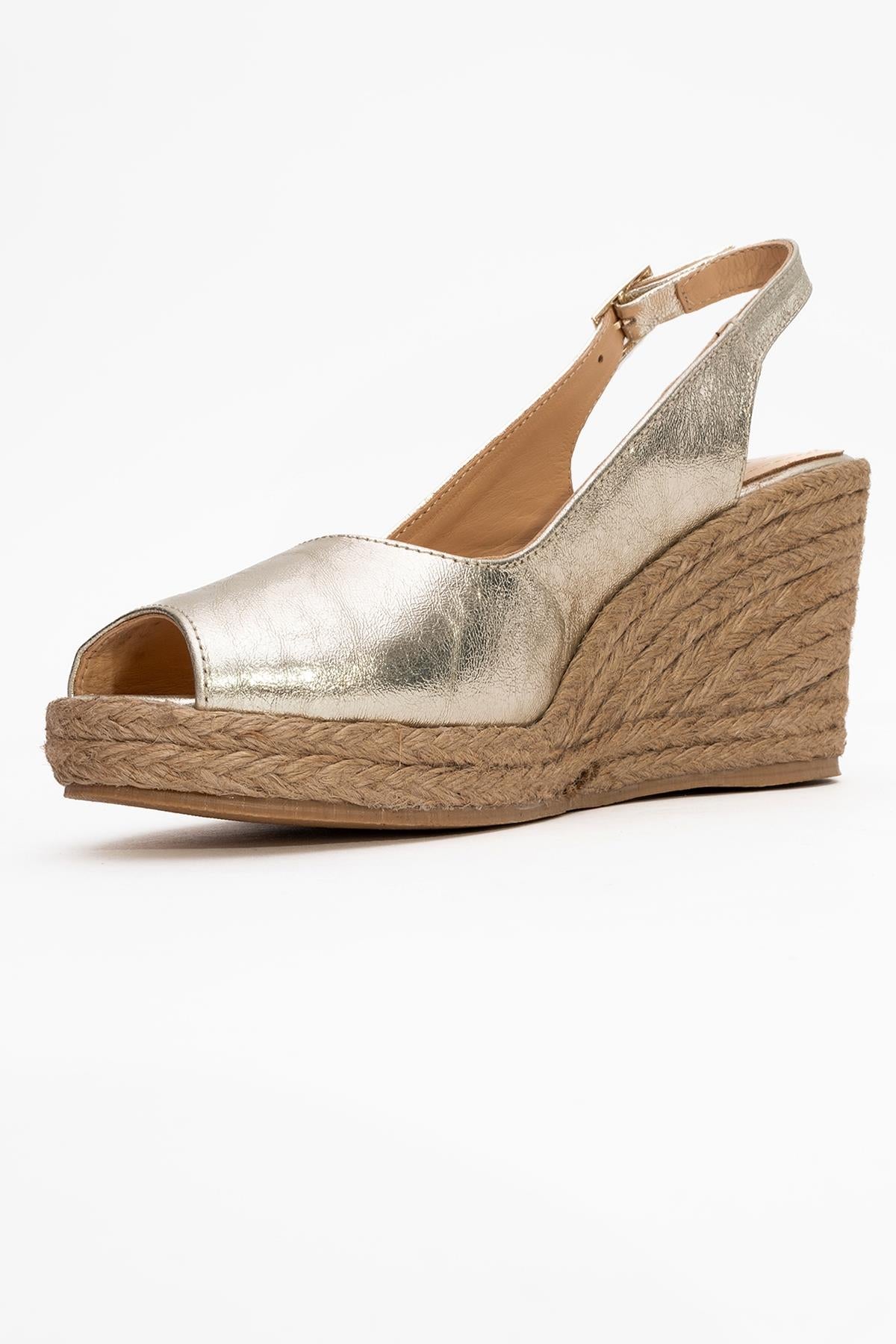 Ryan - Gold Leather Espadrilles – heel view showing leather, gold, Vowalisse