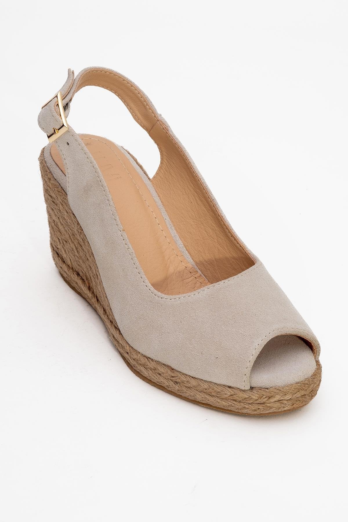 Ryan - Beige Suede Leather Espadrilles – detail view showing leather, suede, Vowalisse
