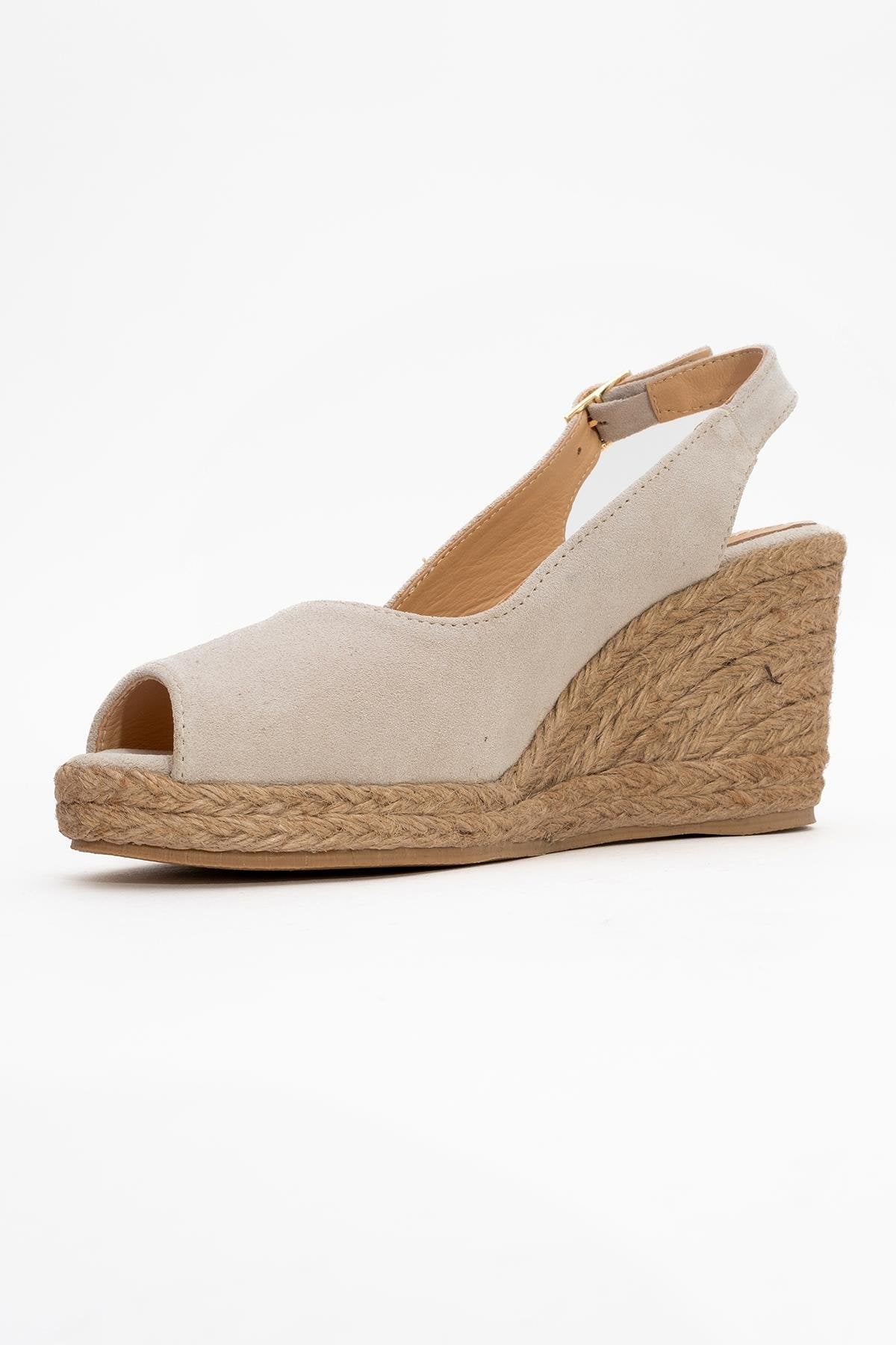 Ryan - Beige Suede Leather Espadrilles – heel view showing leather, suede, Vowalisse