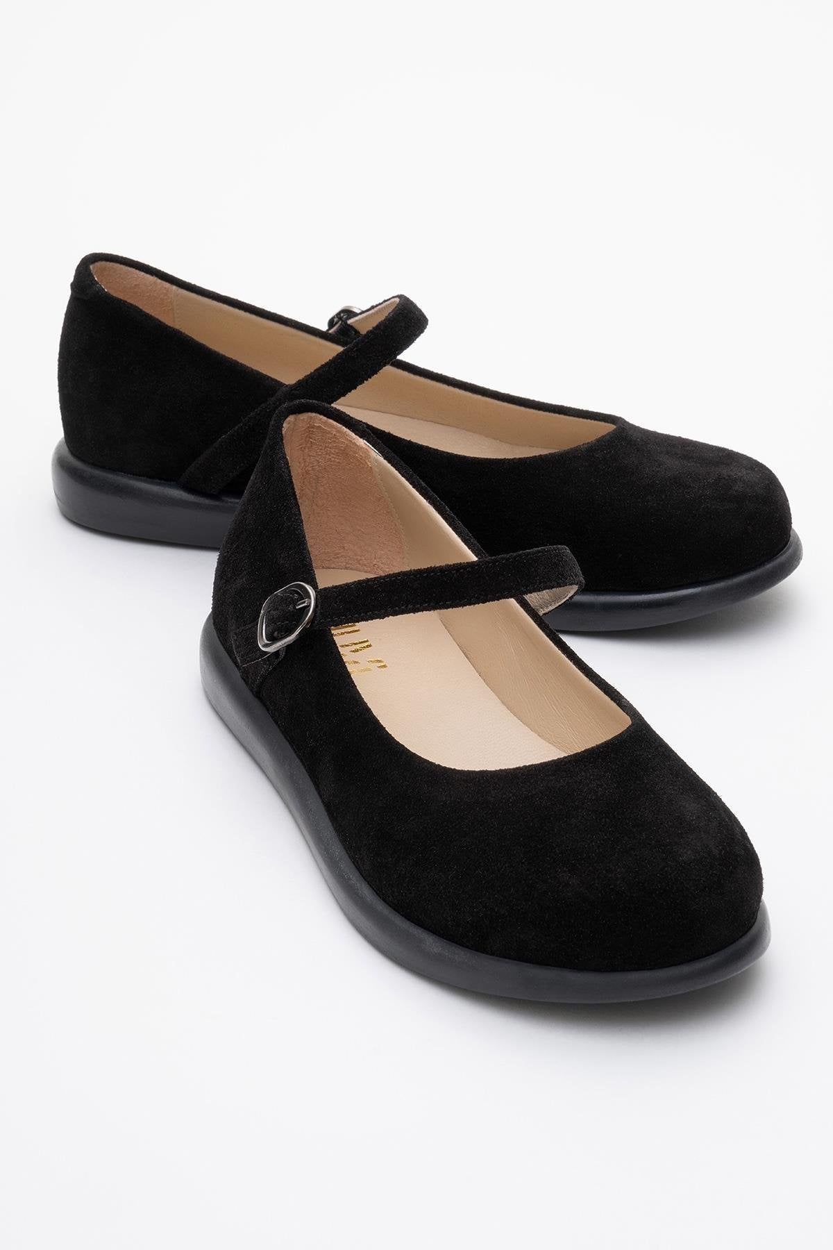 ANISA Black Suede Leather Strap Flat – front three-quarter view showing leather, suede, black, Vowalisse