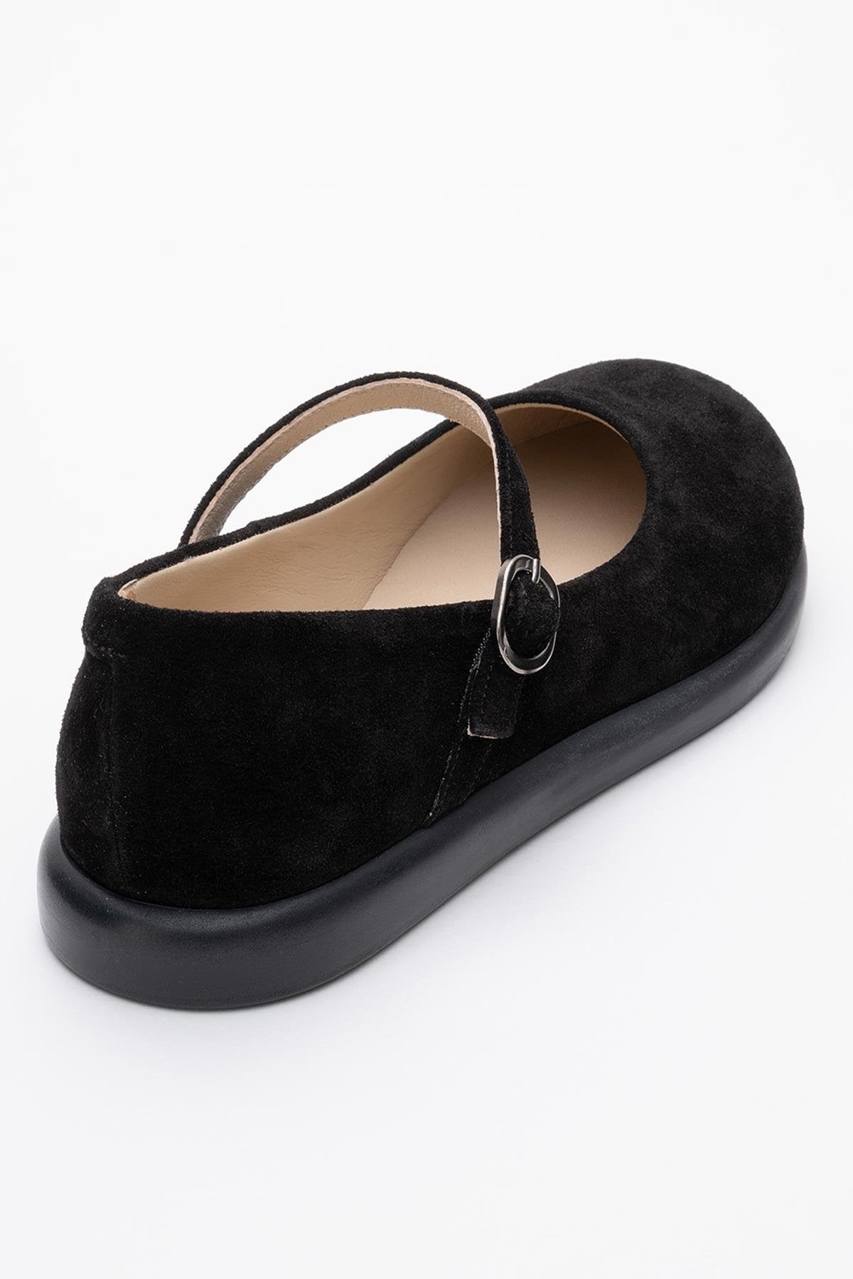 ANISA Black Suede Leather Strap Flat – back view showing leather, suede, black, Vowalisse