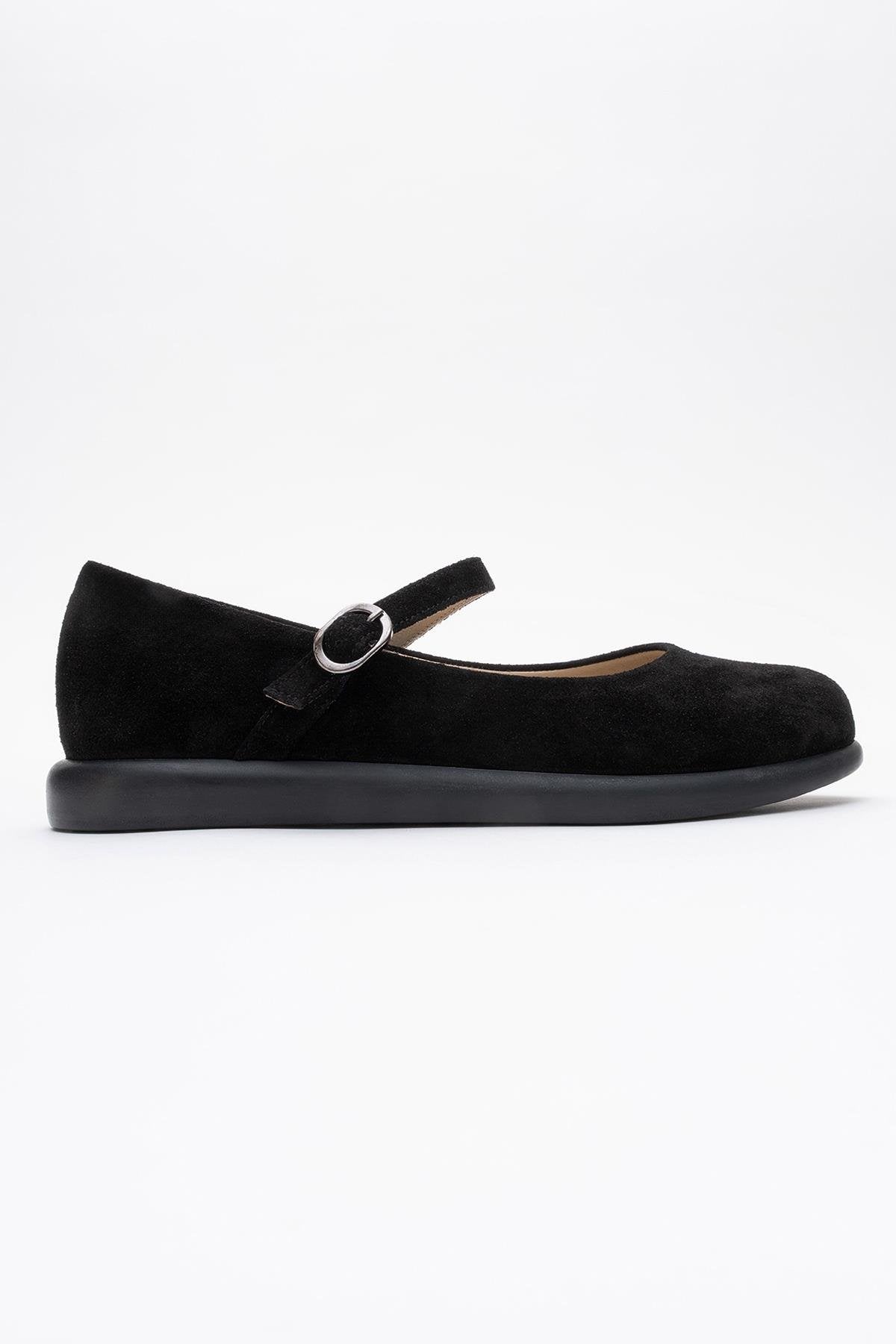 ANISA Black Suede Leather Strap Flat – top view showing leather, suede, black, Vowalisse