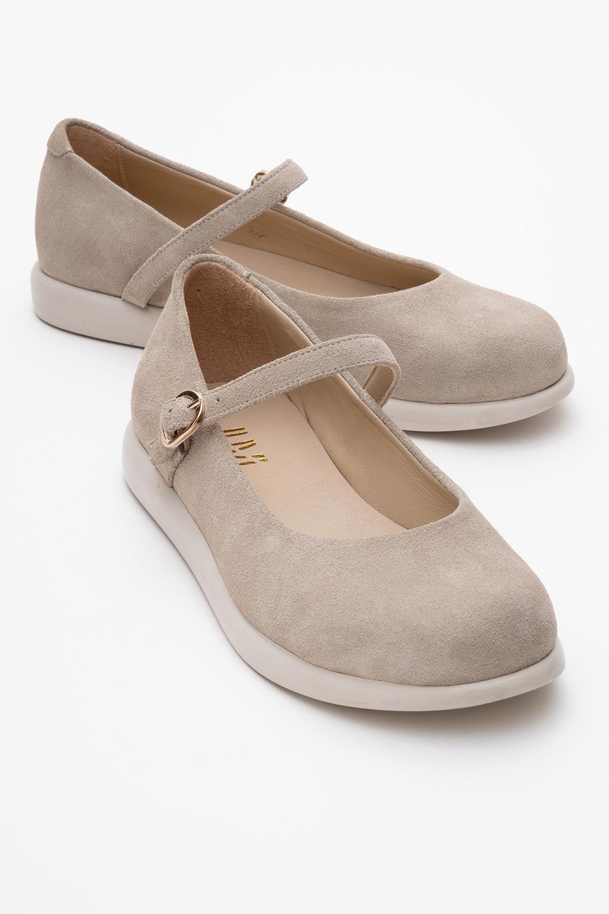 ANISA Beige Suede Leather Strap Flat – front three-quarter view showing leather, suede, Vowalisse