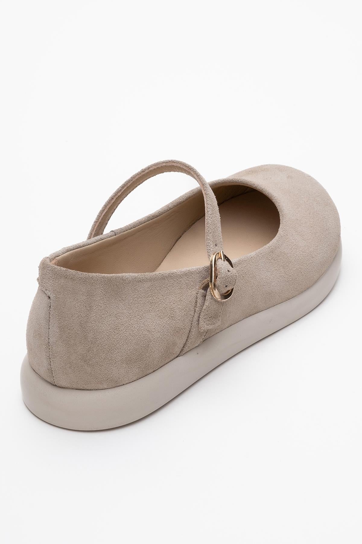 ANISA Beige Suede Leather Strap Flat – back view showing leather, suede, Vowalisse