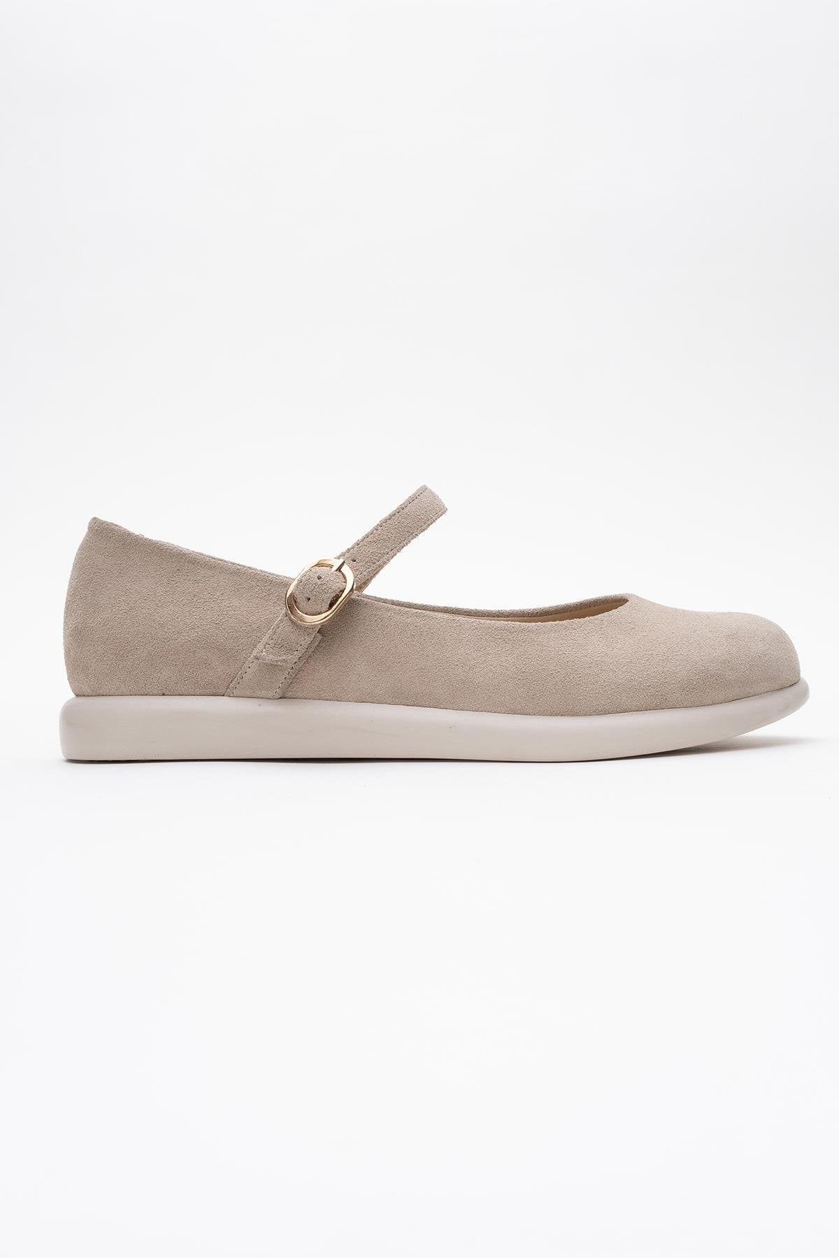 ANISA Beige Suede Leather Strap Flat – top view showing leather, suede, Vowalisse