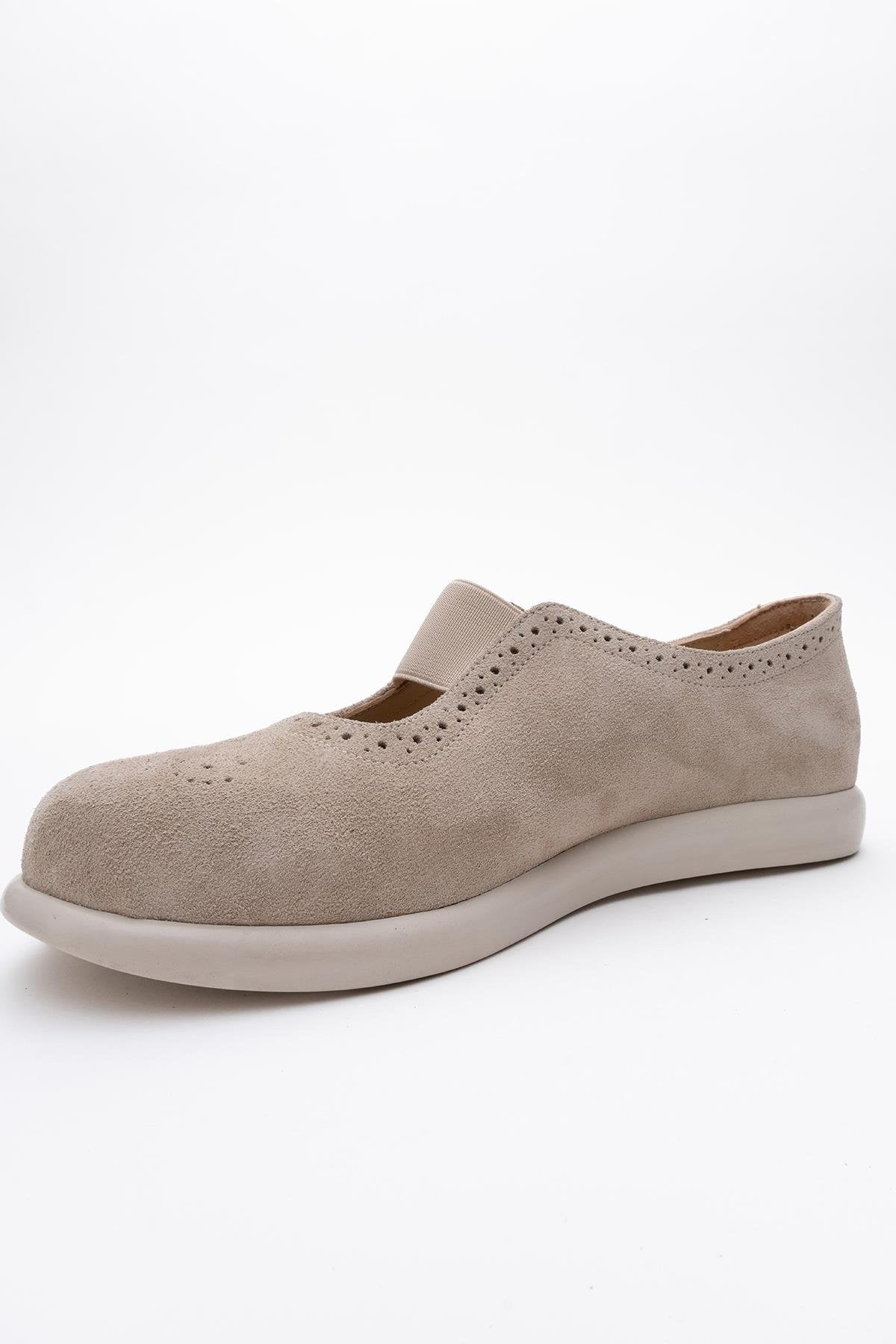 CHELLE Beige Suede Elastic Leather Flat – heel view showing leather, suede, Vowalisse