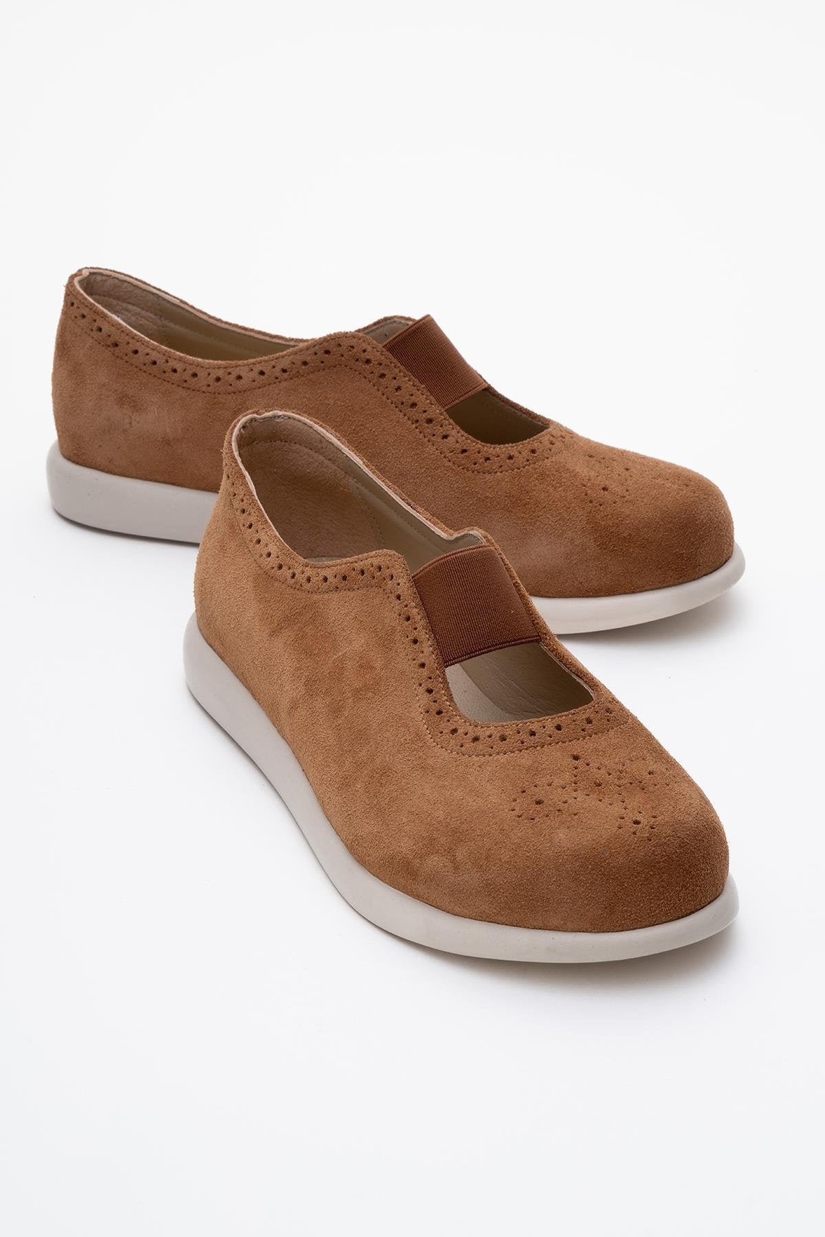 CHELLE Cognac Brown Suede Elastic Leather Flat – front three-quarter view showing leather, suede, Vowalisse