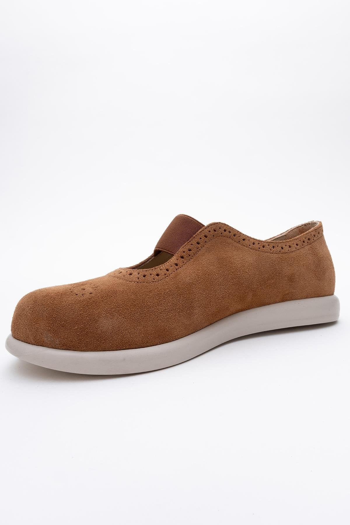 CHELLE Cognac Brown Suede Elastic Leather Flat – heel view showing leather, suede, Vowalisse