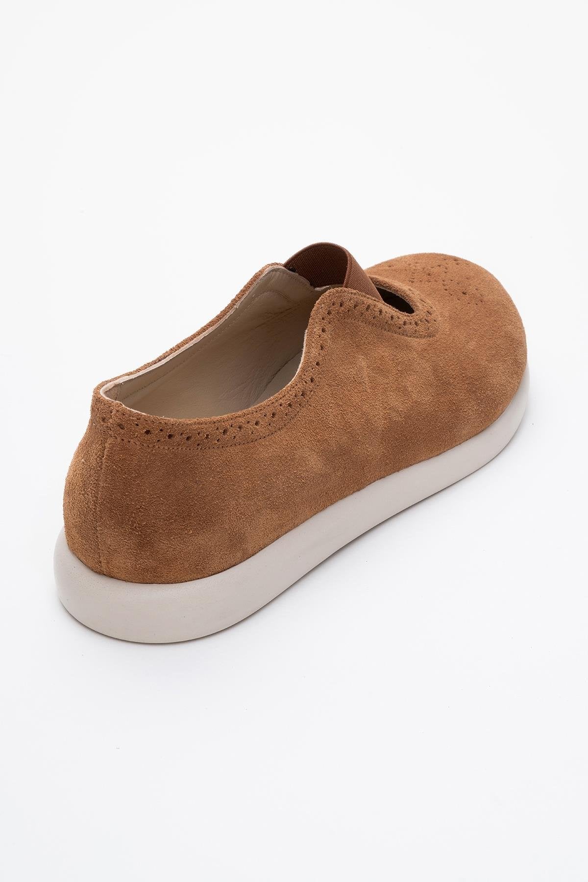 CHELLE Cognac Brown Suede Elastic Leather Flat – back view showing leather, suede, Vowalisse