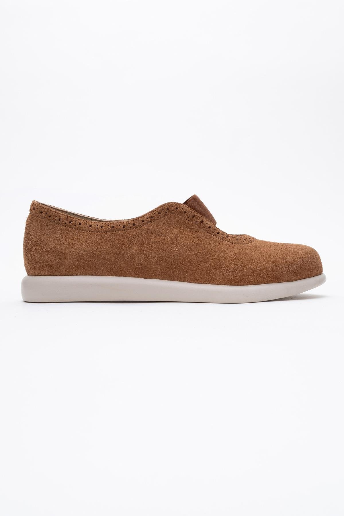 CHELLE Cognac Brown Suede Elastic Leather Flat – top view showing leather, suede, Vowalisse
