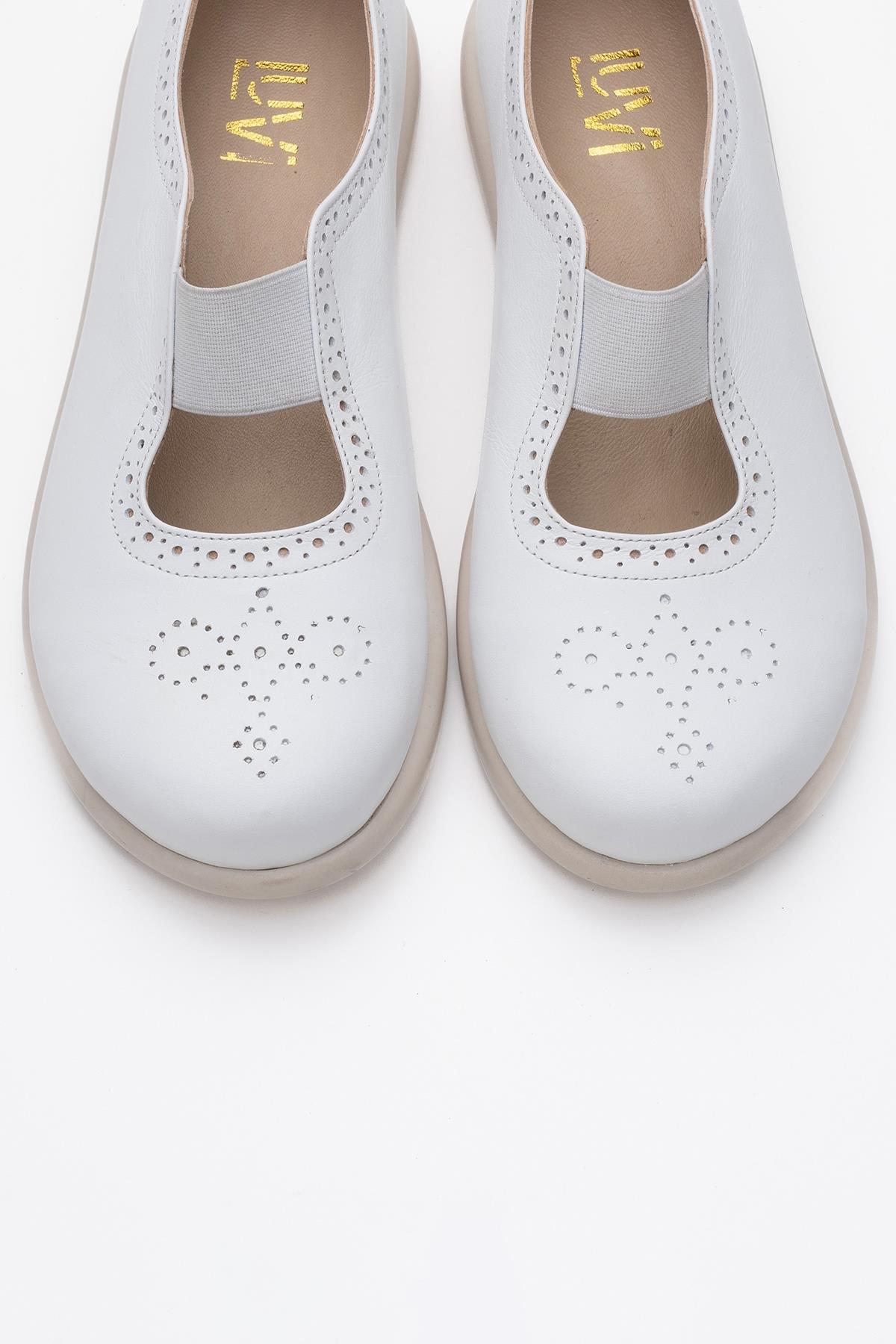 CHELLE White Elastic Leather Flat – side view showing leather, white, Vowalisse