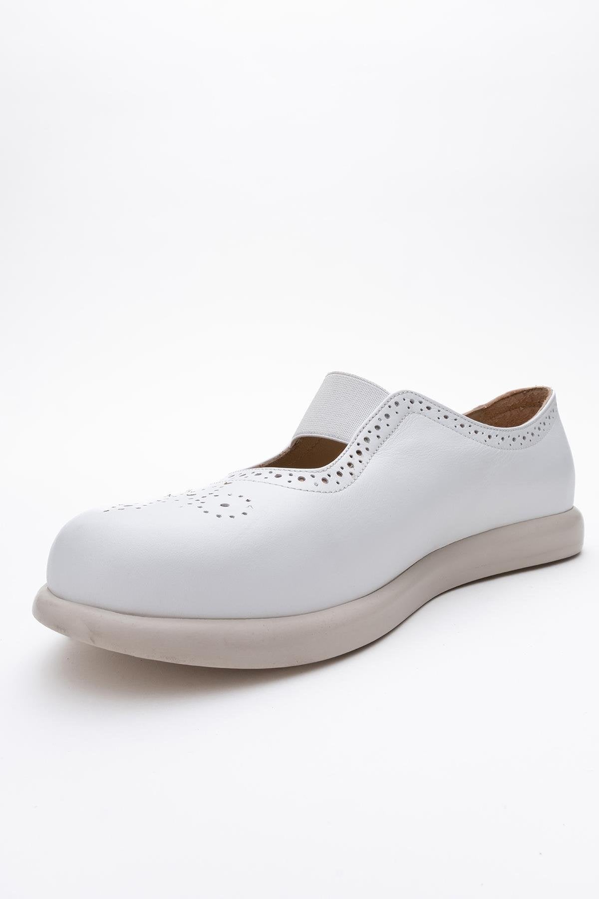 CHELLE White Elastic Leather Flat – heel view showing leather, white, Vowalisse