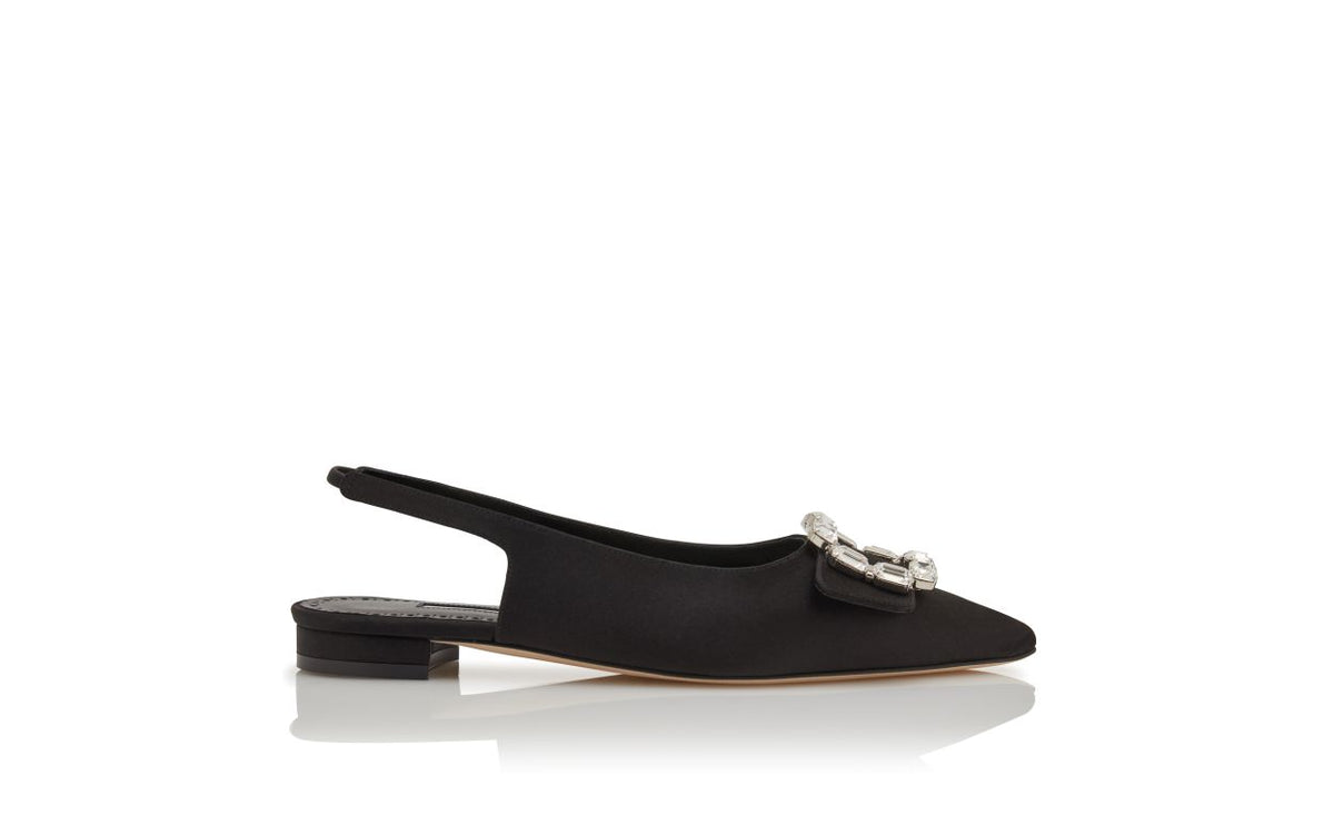 Arabella Muse Black Crystal Buckle Slingbacks – side profile showing black crystal buckle, slingback, pointed toe, satin…