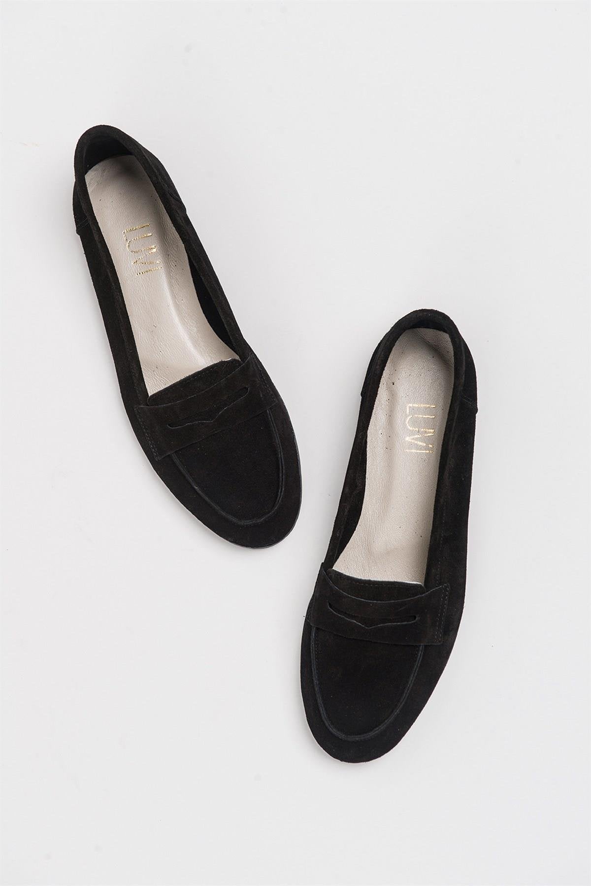 Dorothy - Black Suede Leather Loafers – front three-quarter view showing leather, suede, black, Vowalisse
