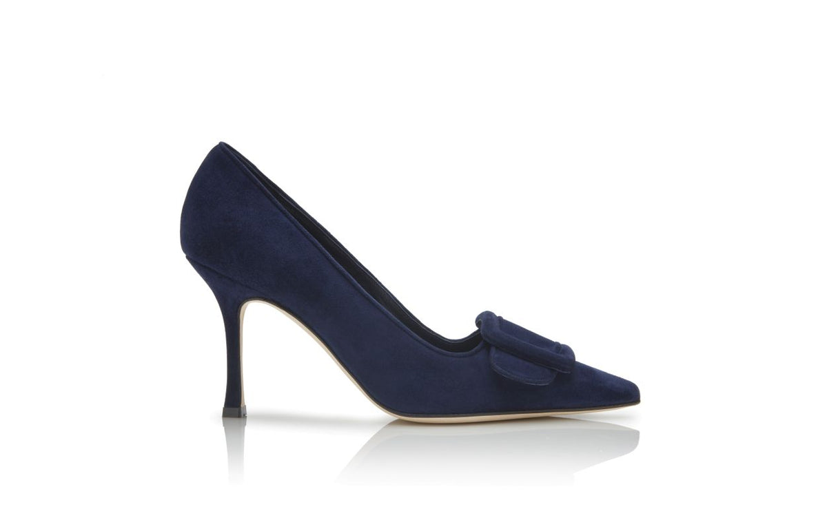 Magnolia Bloom Blue Pointed Toe Pumps – side profile showing blue pointed toe, suede, Vowalisse