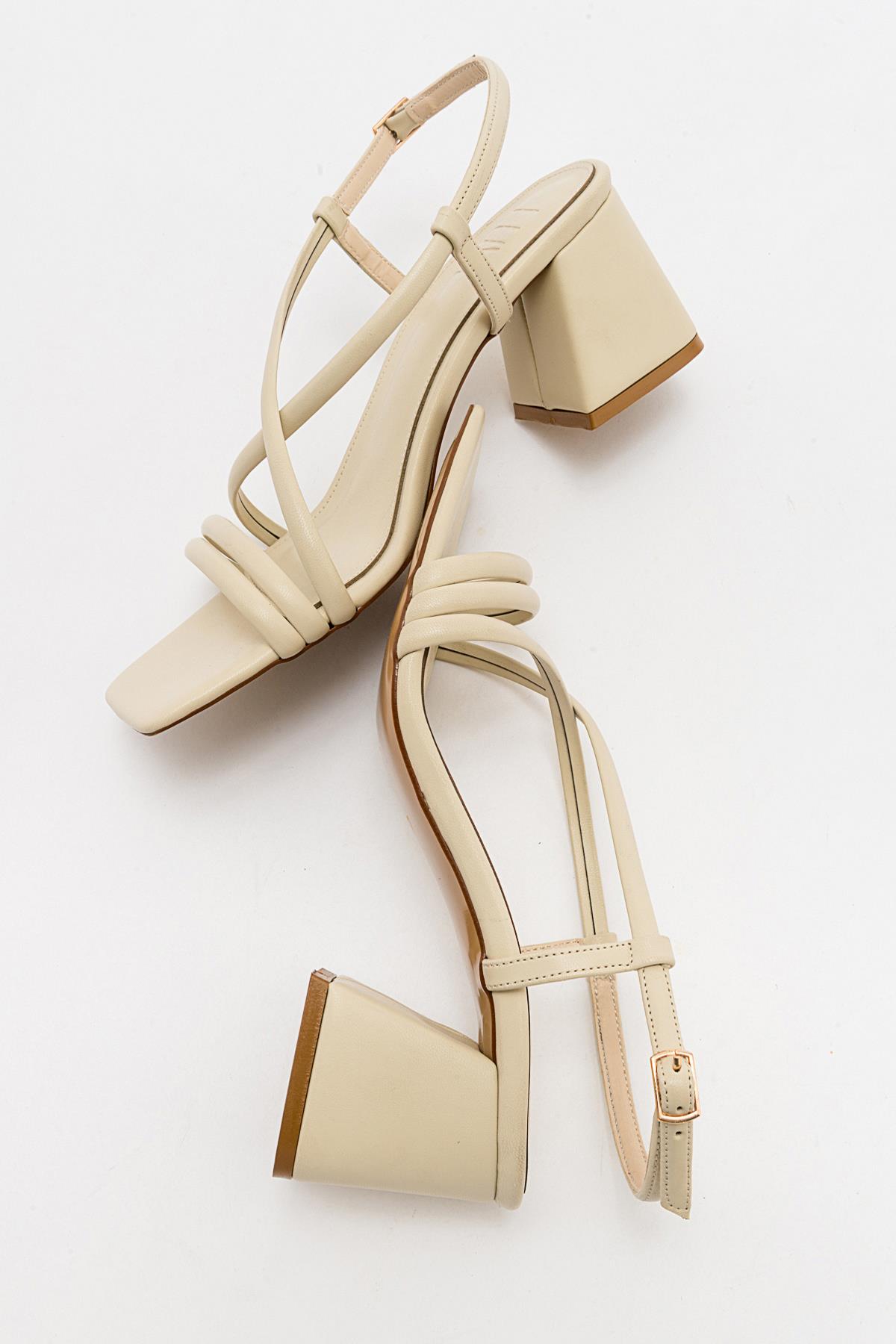 Daisy - Beige Heeled Shoe – back view showing leather, Vowalisse