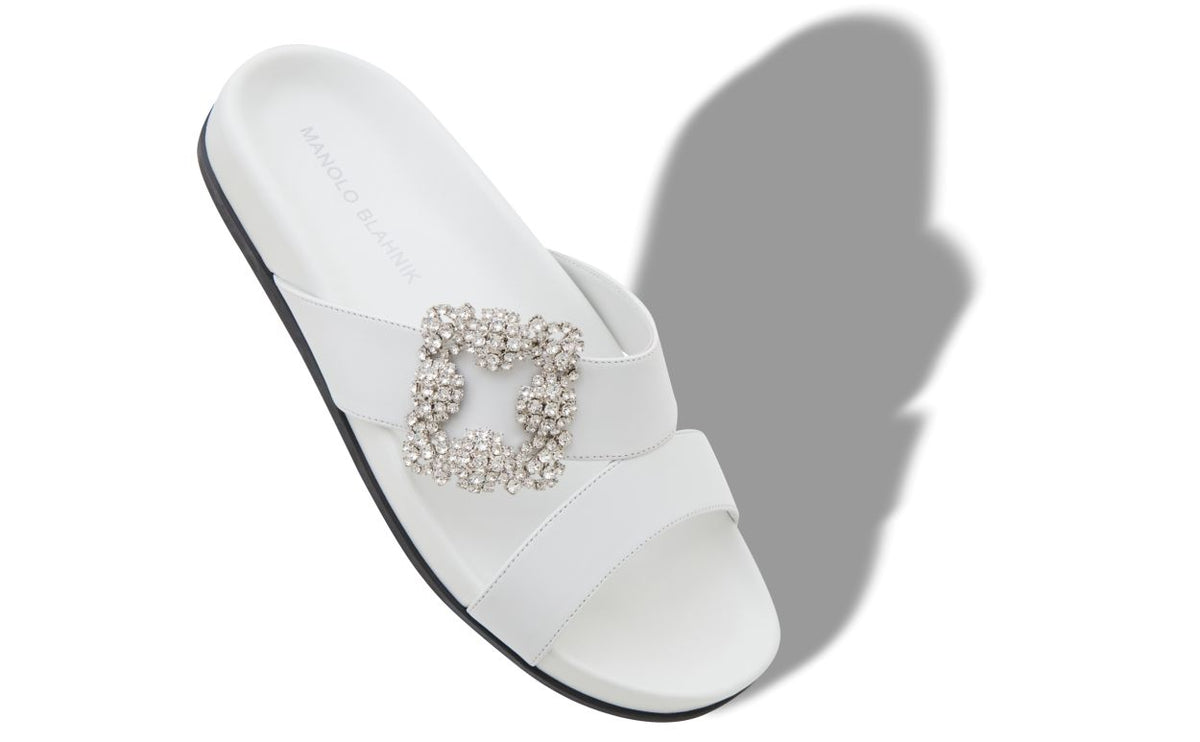 Arabella Lace White Jewel Buckle Mules – front three-quarter view showing white jewel buckle, crossover, open toe…