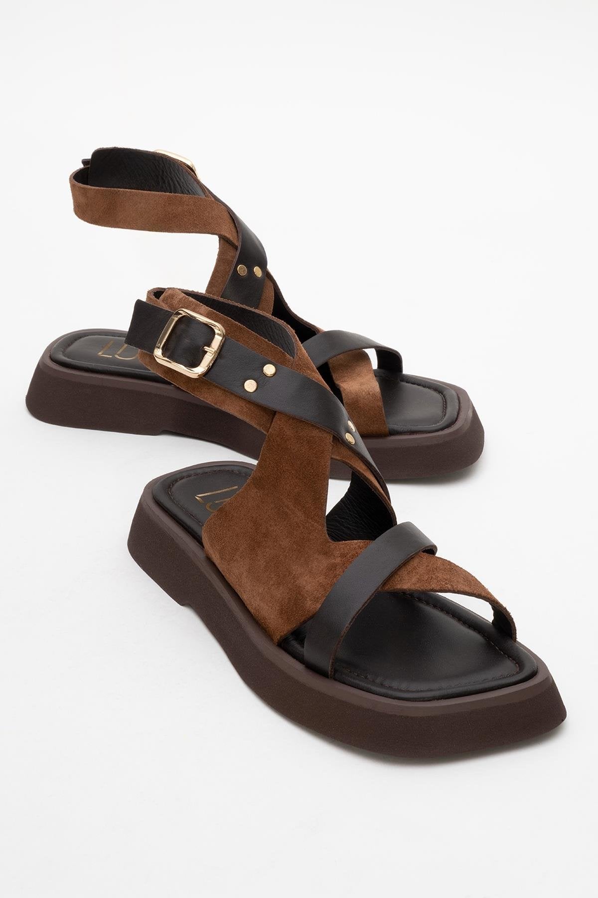Minnea - Brown Suede Leather Sandal – front three-quarter view showing leather, suede, Vowalisse