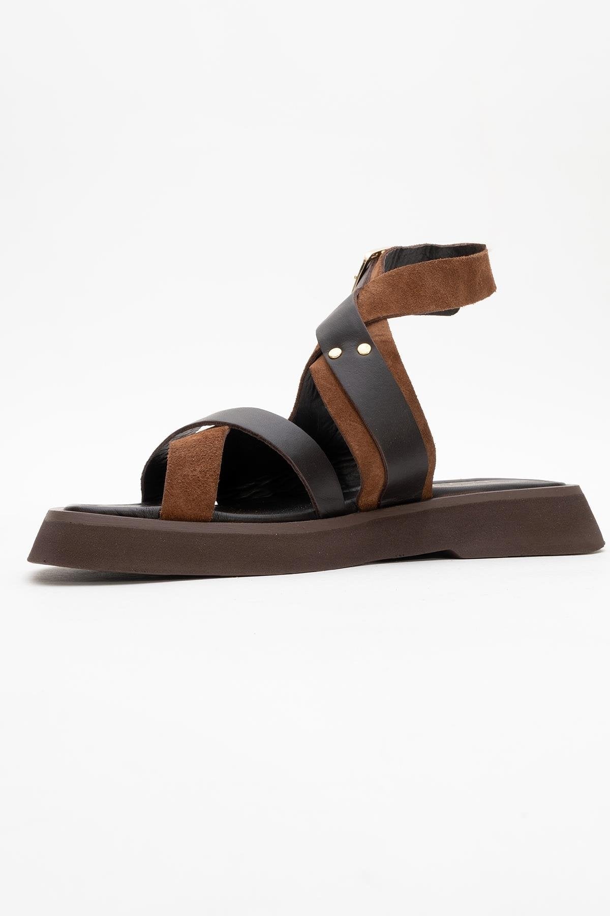 Minnea - Brown Suede Leather Sandal – heel view showing leather, suede, Vowalisse