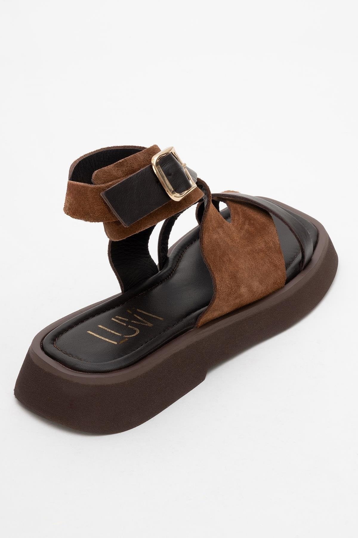 Minnea - Brown Suede Leather Sandal – back view showing leather, suede, Vowalisse