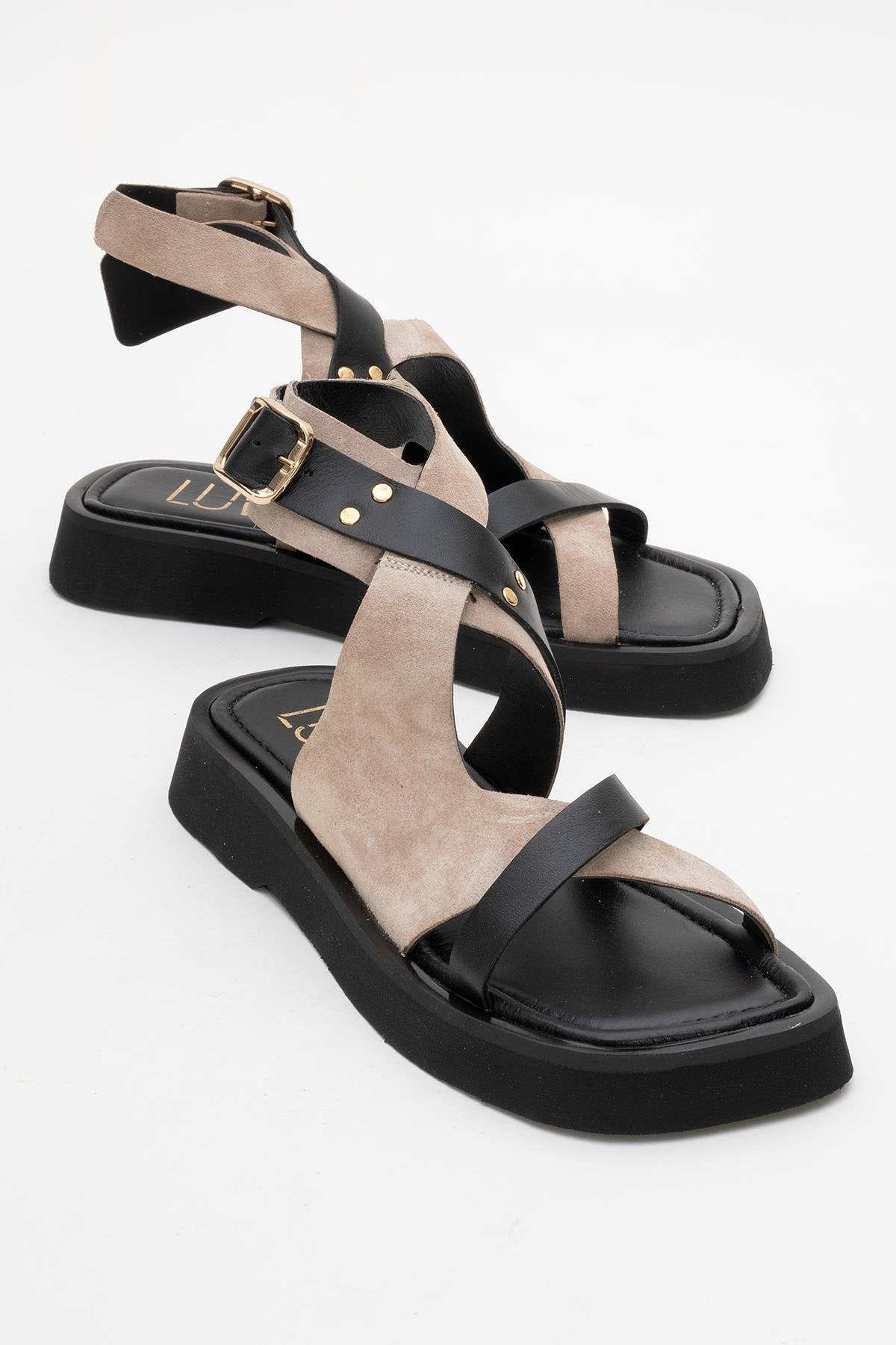 Minnea - Beige Suede Leather Sandal – front three-quarter view showing leather, suede, Vowalisse