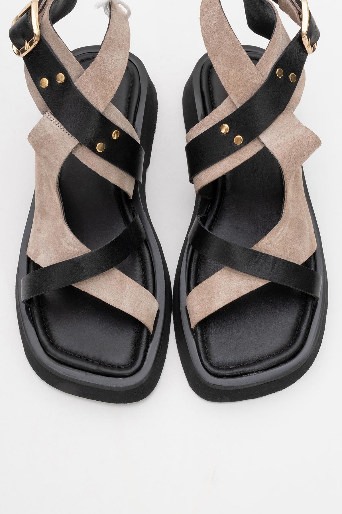 Minnea - Beige Suede Leather Sandal – side view showing leather, suede, Vowalisse