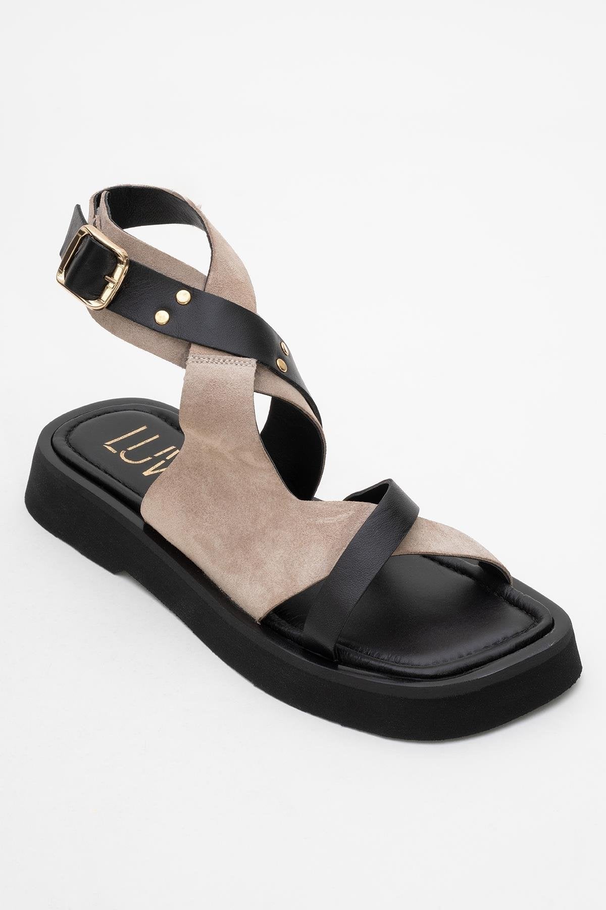Minnea - Beige Suede Leather Sandal – detail view showing leather, suede, Vowalisse