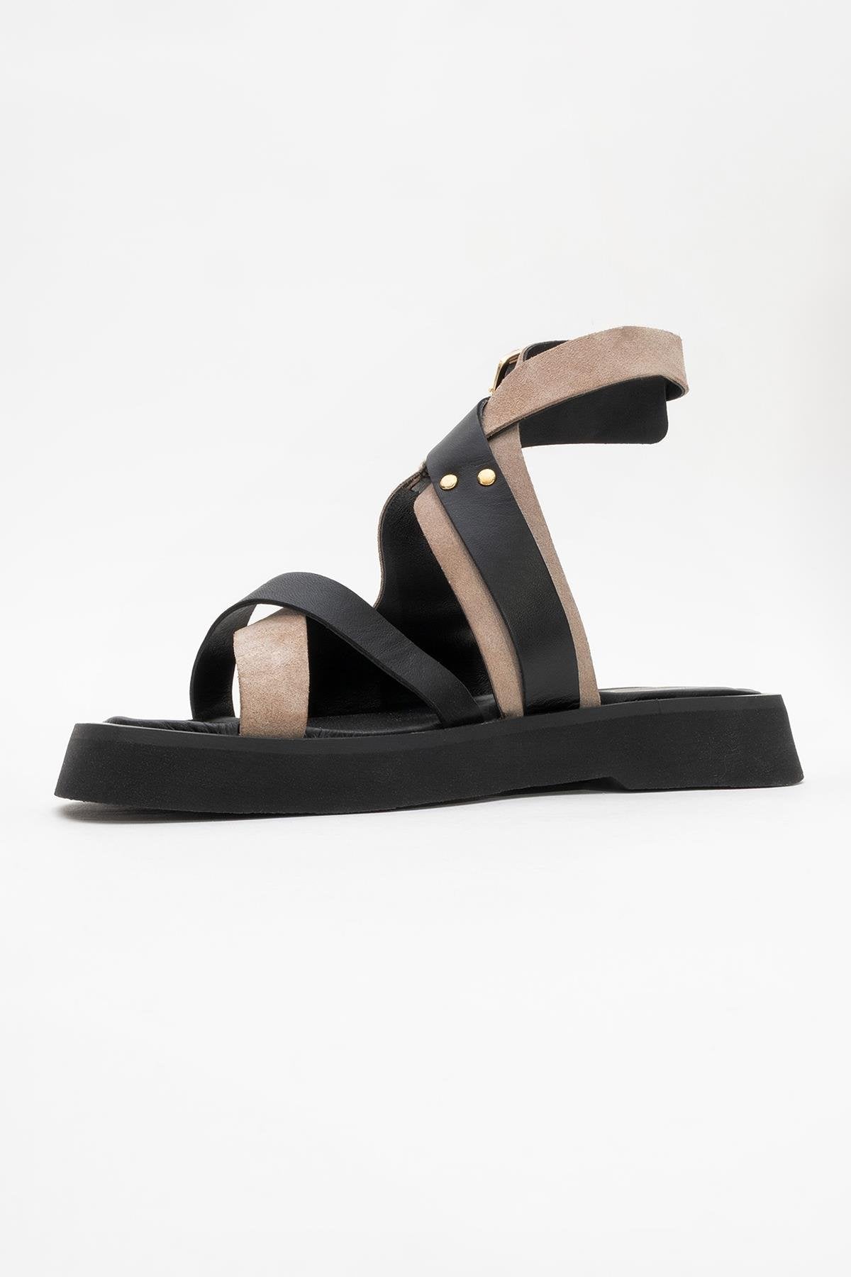 Minnea - Beige Suede Leather Sandal – heel view showing leather, suede, Vowalisse