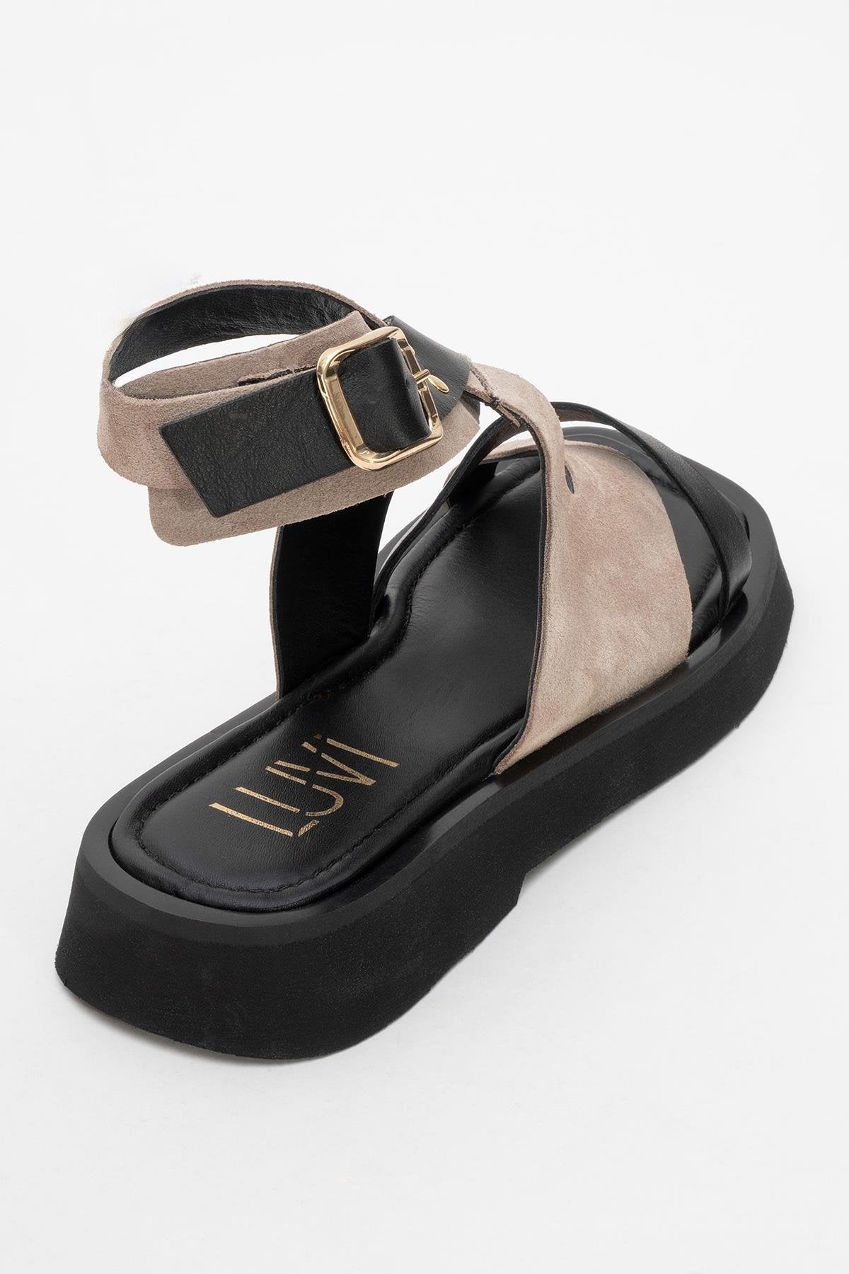 Minnea - Beige Suede Leather Sandal – back view showing leather, suede, Vowalisse