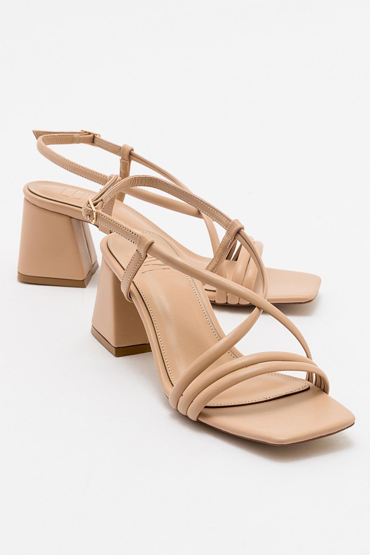 Daisy - Taupe Heeled Shoe – front three-quarter view showing leather, Vowalisse