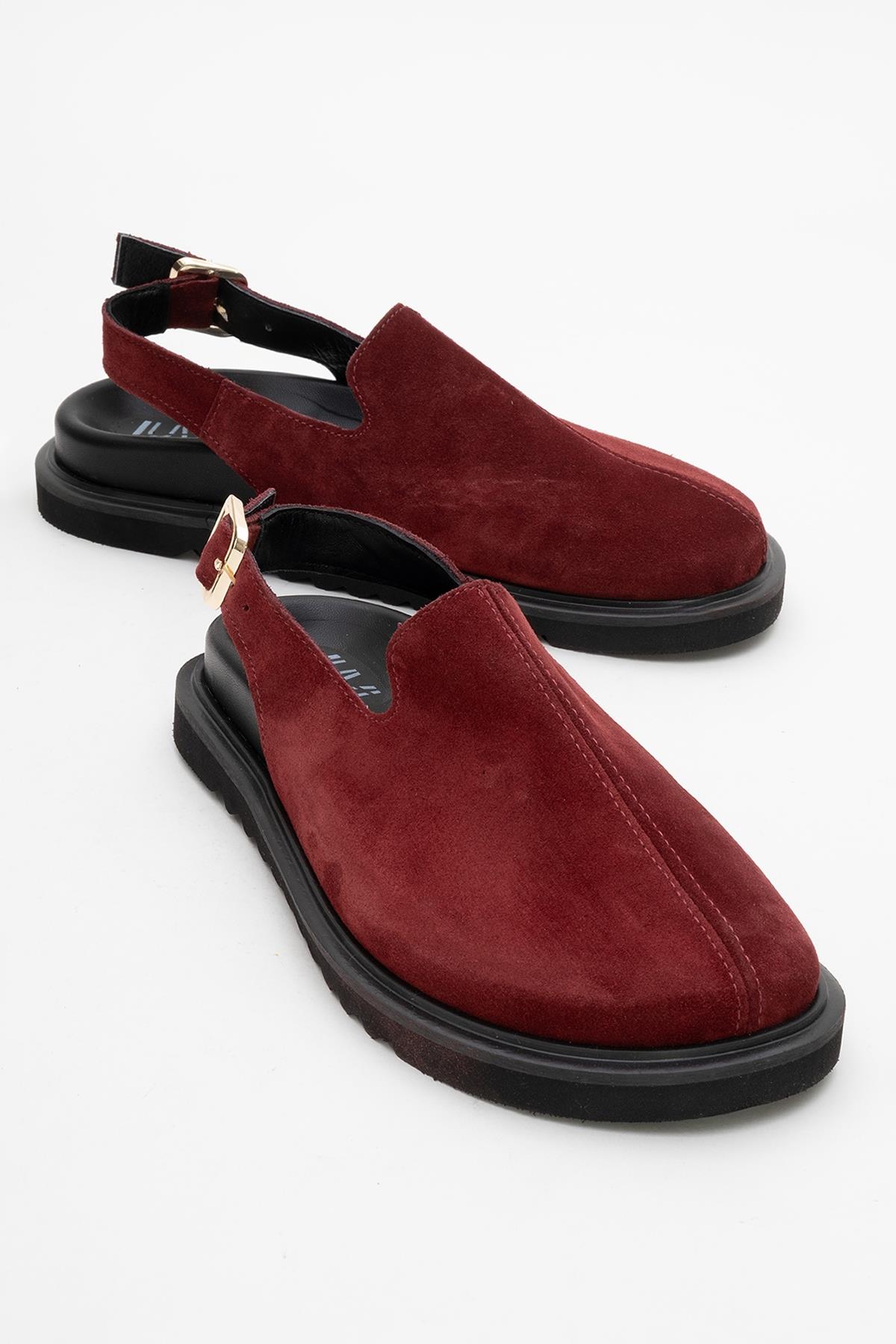 Laby - Burgundy Suede Leather Clogs – front three-quarter view showing leather, suede, red, Vowalisse