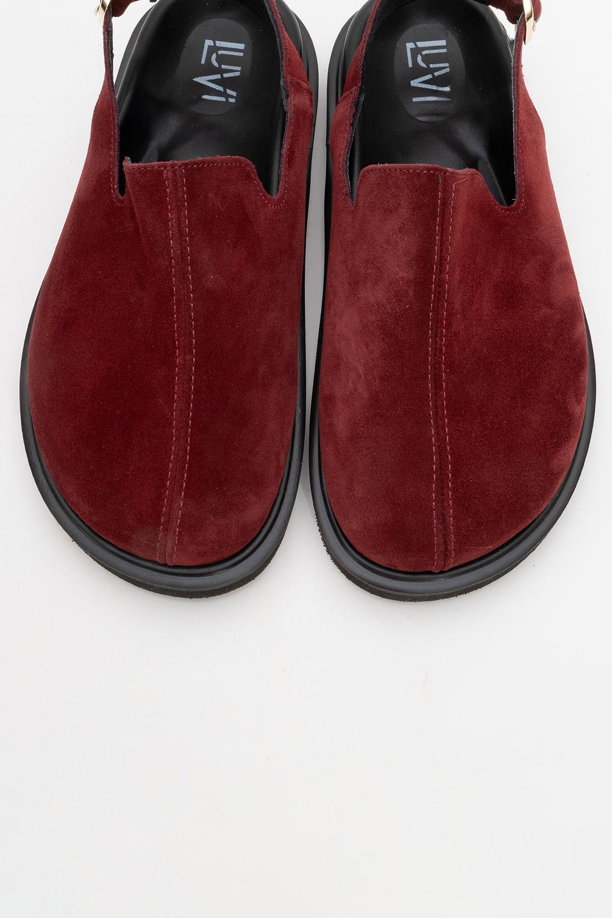Laby - Burgundy Suede Leather Clogs – side view showing leather, suede, red, Vowalisse