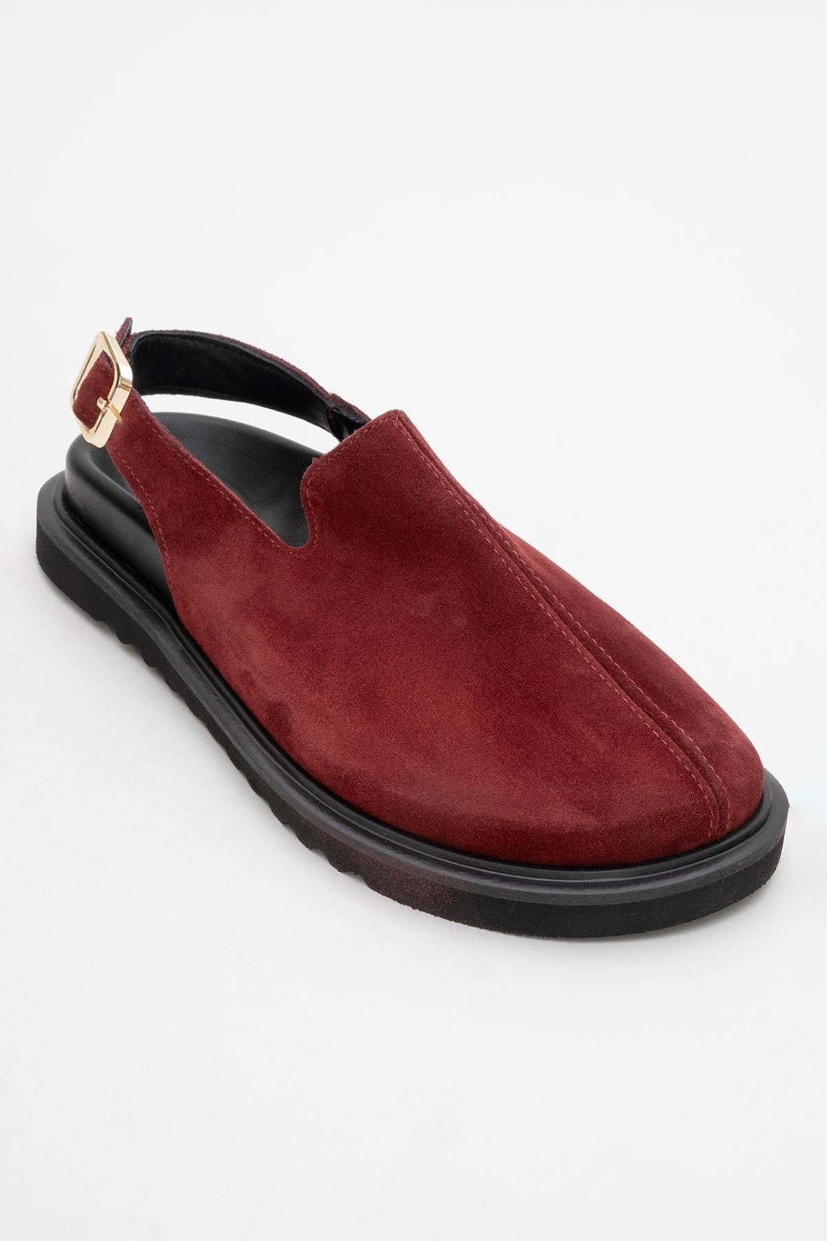 Laby - Burgundy Suede Leather Clogs – detail view showing leather, suede, red, Vowalisse