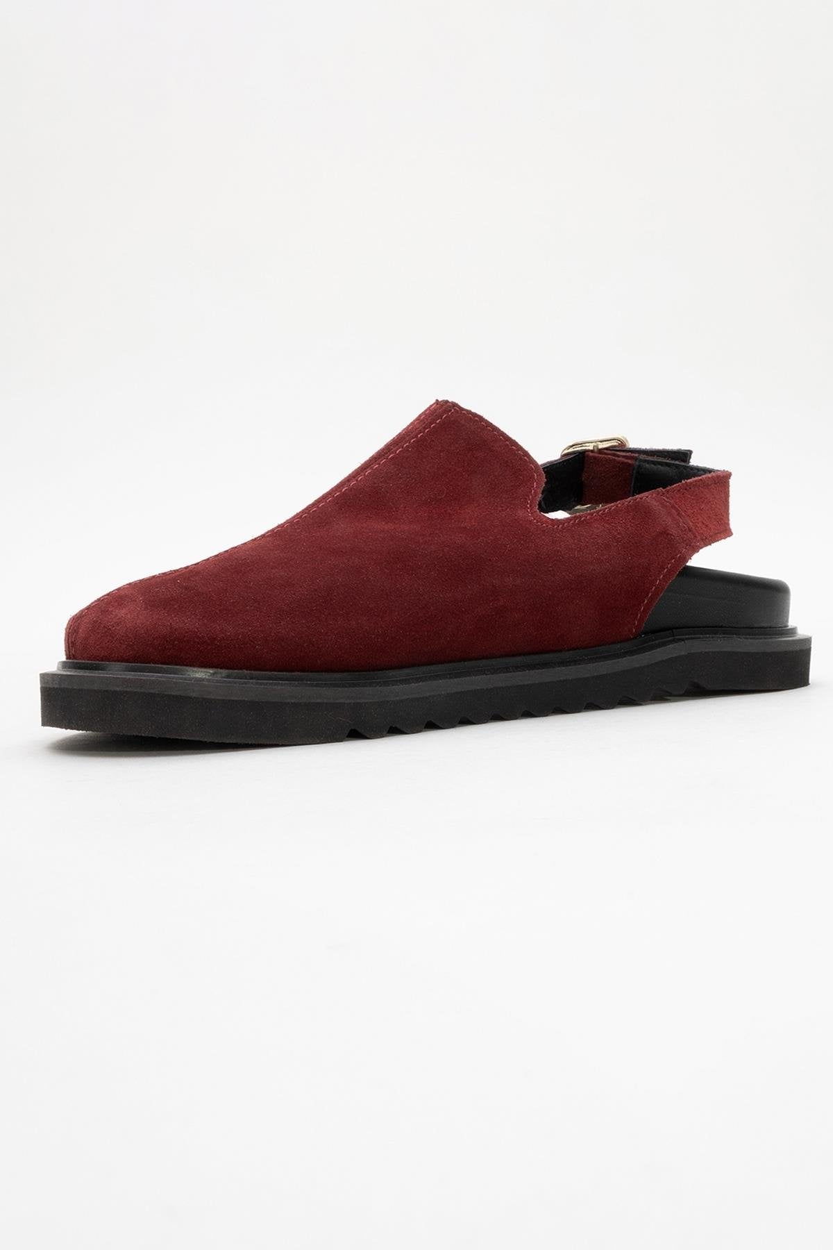Laby - Burgundy Suede Leather Clogs – heel view showing leather, suede, red, Vowalisse