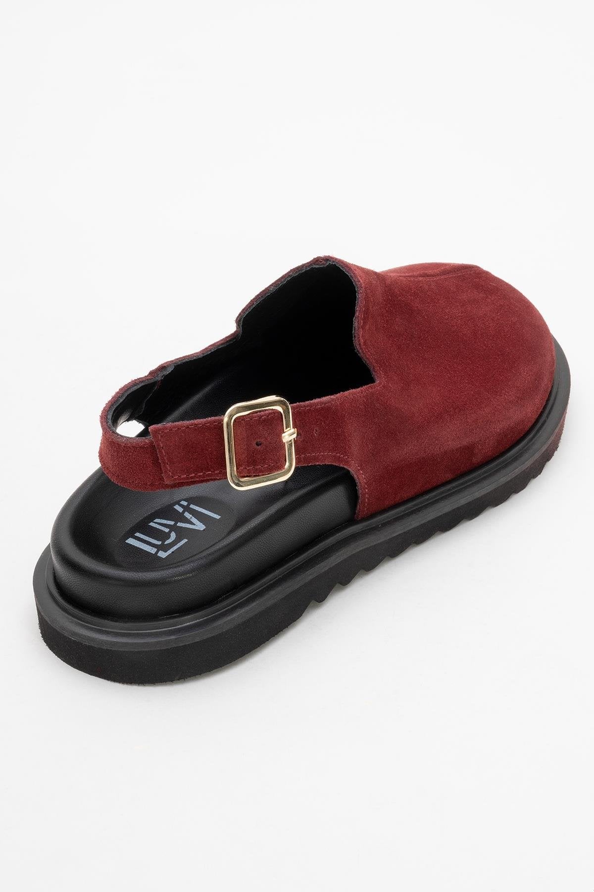 Laby - Burgundy Suede Leather Clogs – back view showing leather, suede, red, Vowalisse