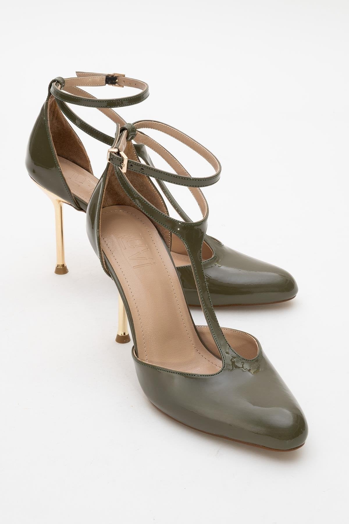 Jon - Khaki Patent Stiletto Pump – front three-quarter view showing leather, Vowalisse