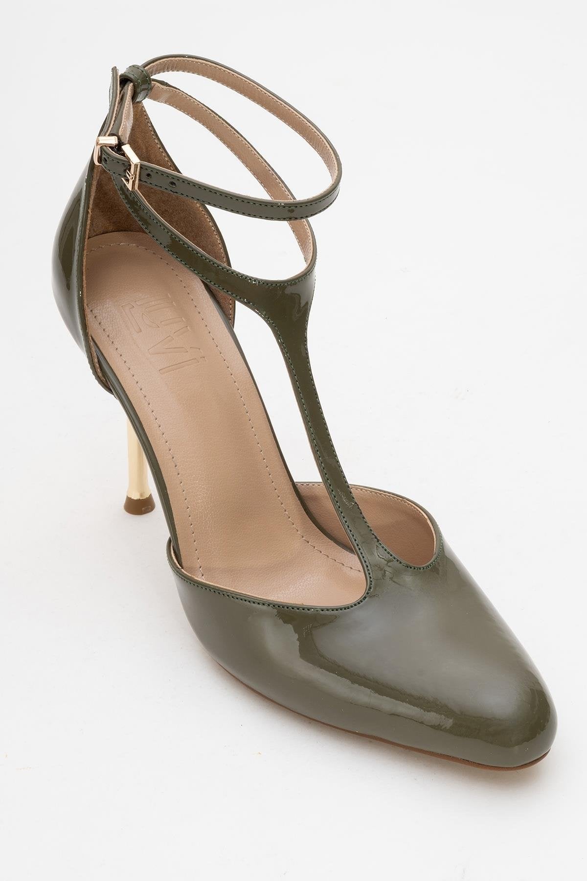 Jon - Khaki Patent Stiletto Pump – detail view showing leather, Vowalisse
