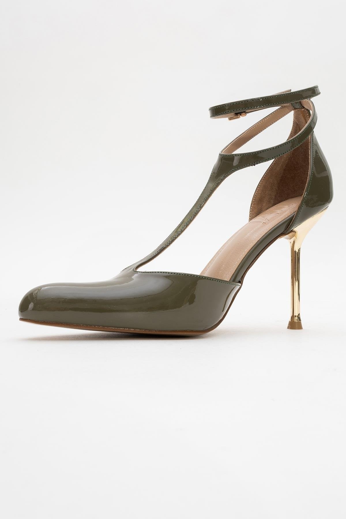 Jon - Khaki Patent Stiletto Pump – heel view showing leather, Vowalisse