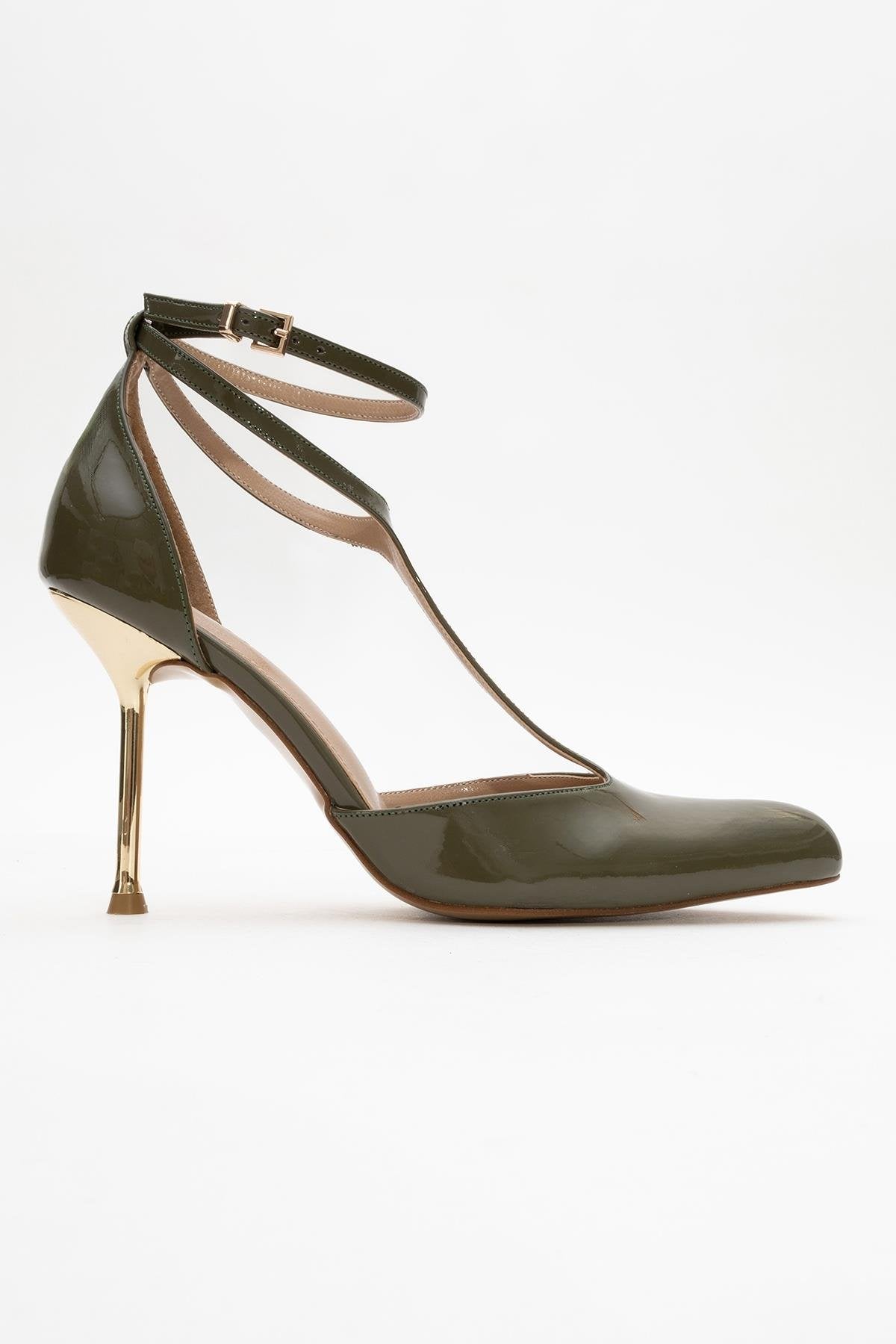 Jon - Khaki Patent Stiletto Pump – top view showing leather, Vowalisse